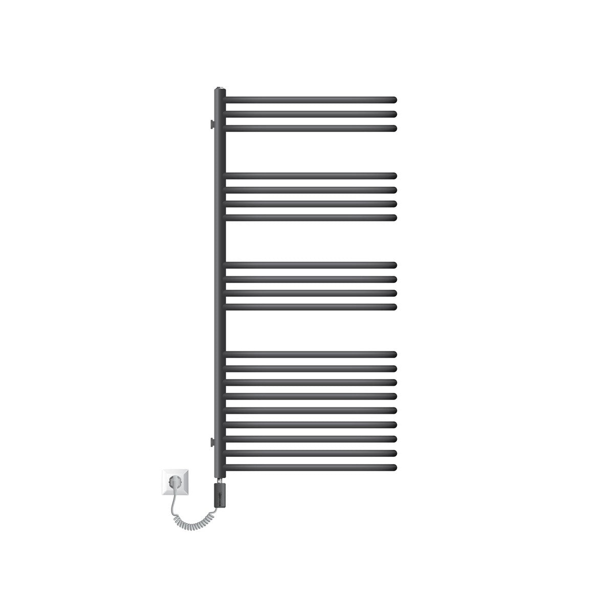 Radiator de culoare antracit, fără fundal, cu elemente electrice.
