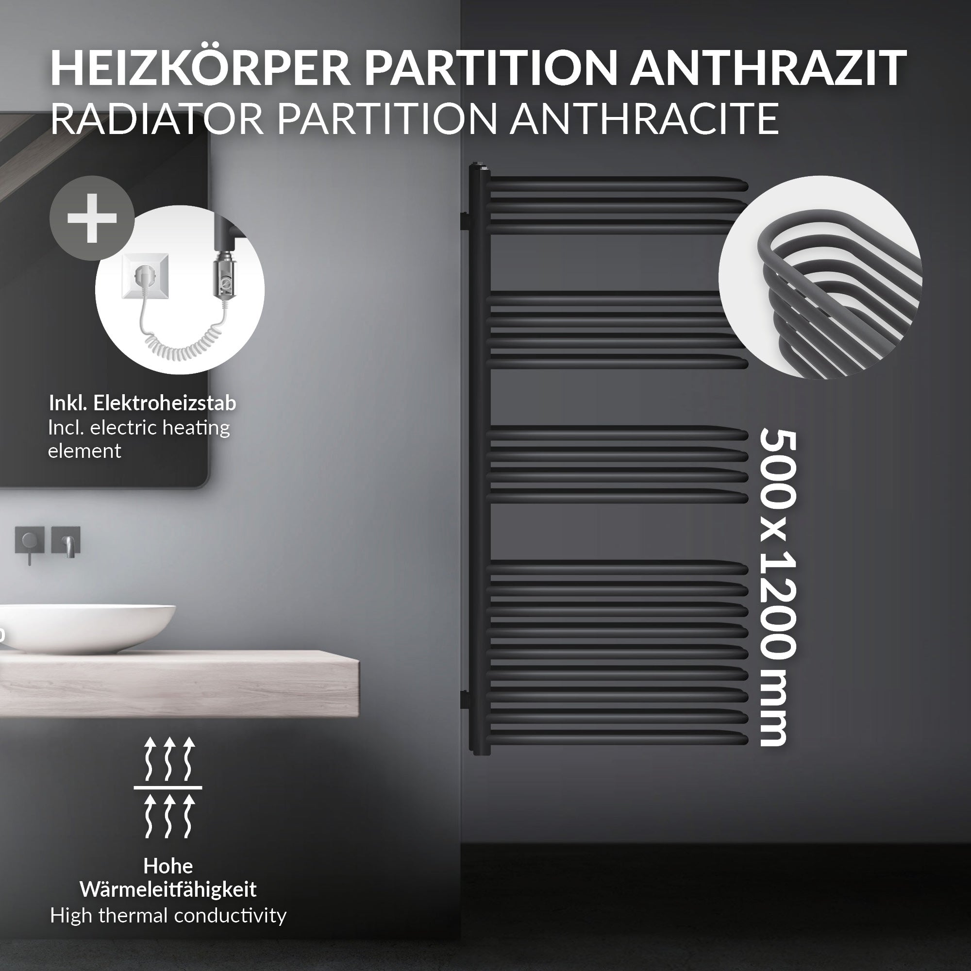 Close-up of an anthracite radiator with various materials.