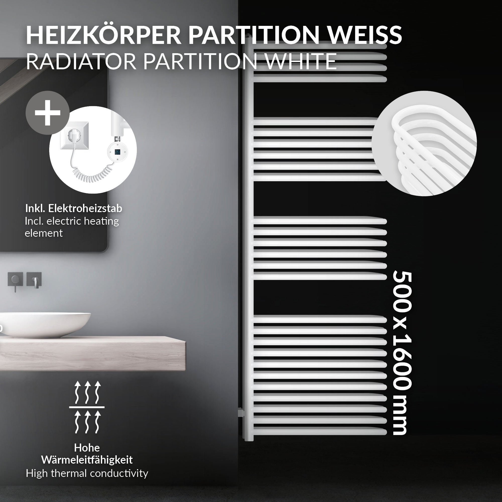 Grafik eines weißen Heizkörpers mit elektrischen Heizstab und Maßen.