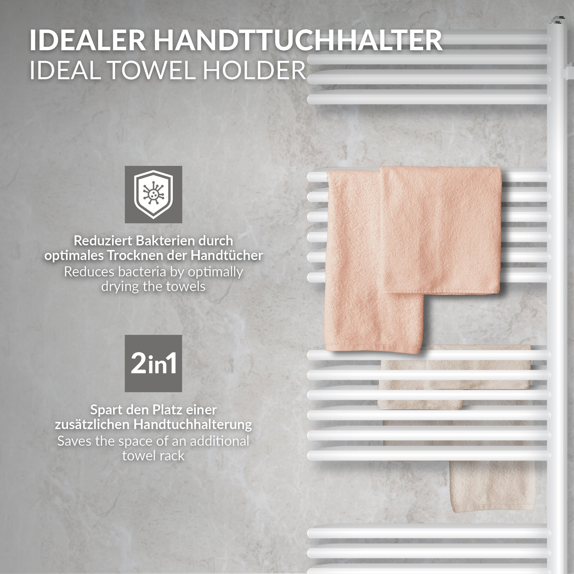 Weißer Handtuchheizkörper mit mehreren horizontalen Röhren.