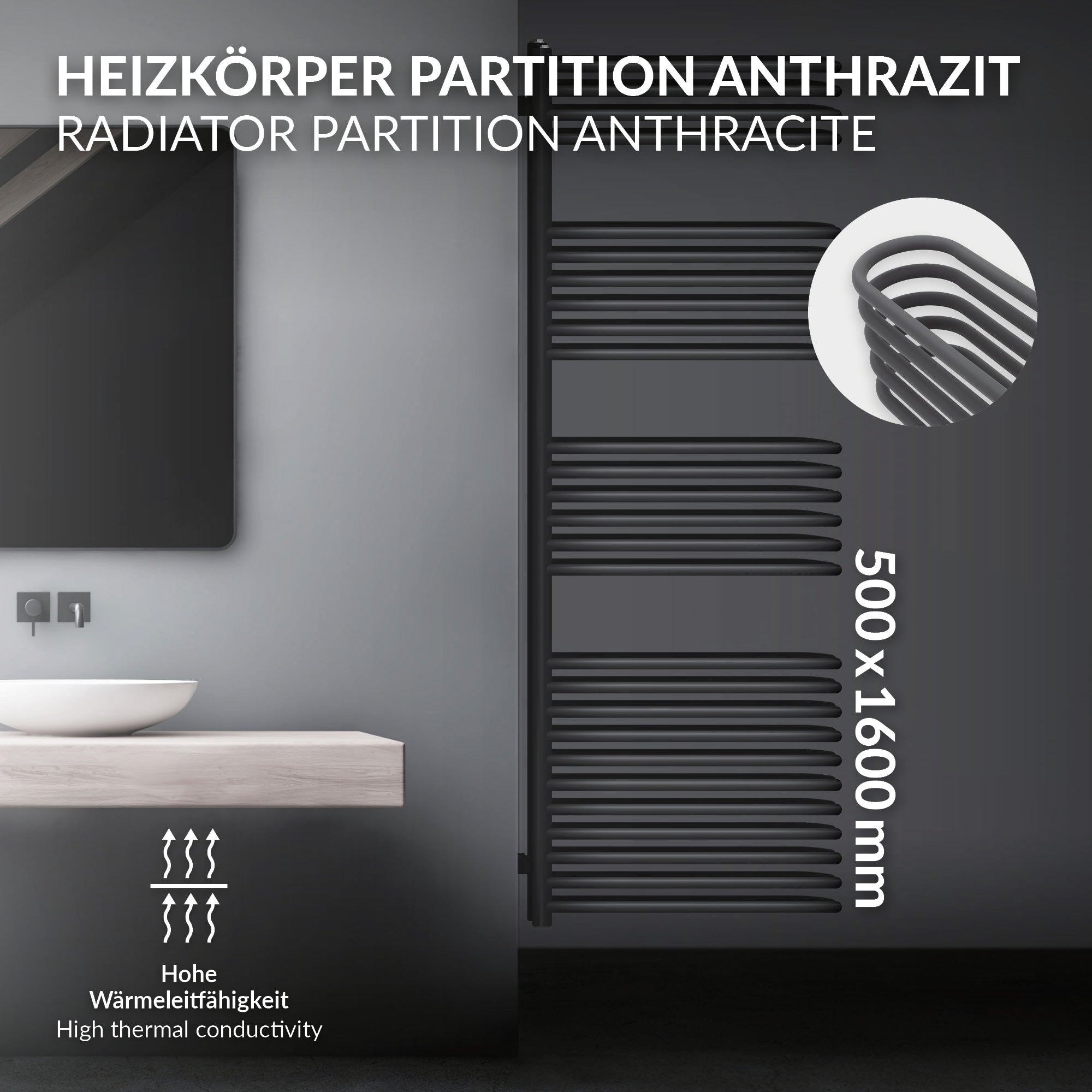 Partizione del radiatore color antracite con dimensioni 500x1600 mm.