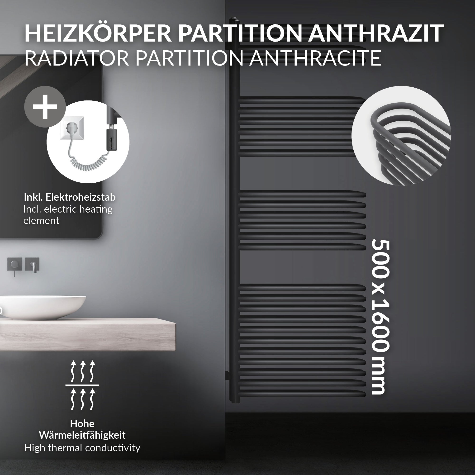 Grafik eines anthrazitfarbenen Heizkörpers mit elektrischen Heizstab und Maßen.