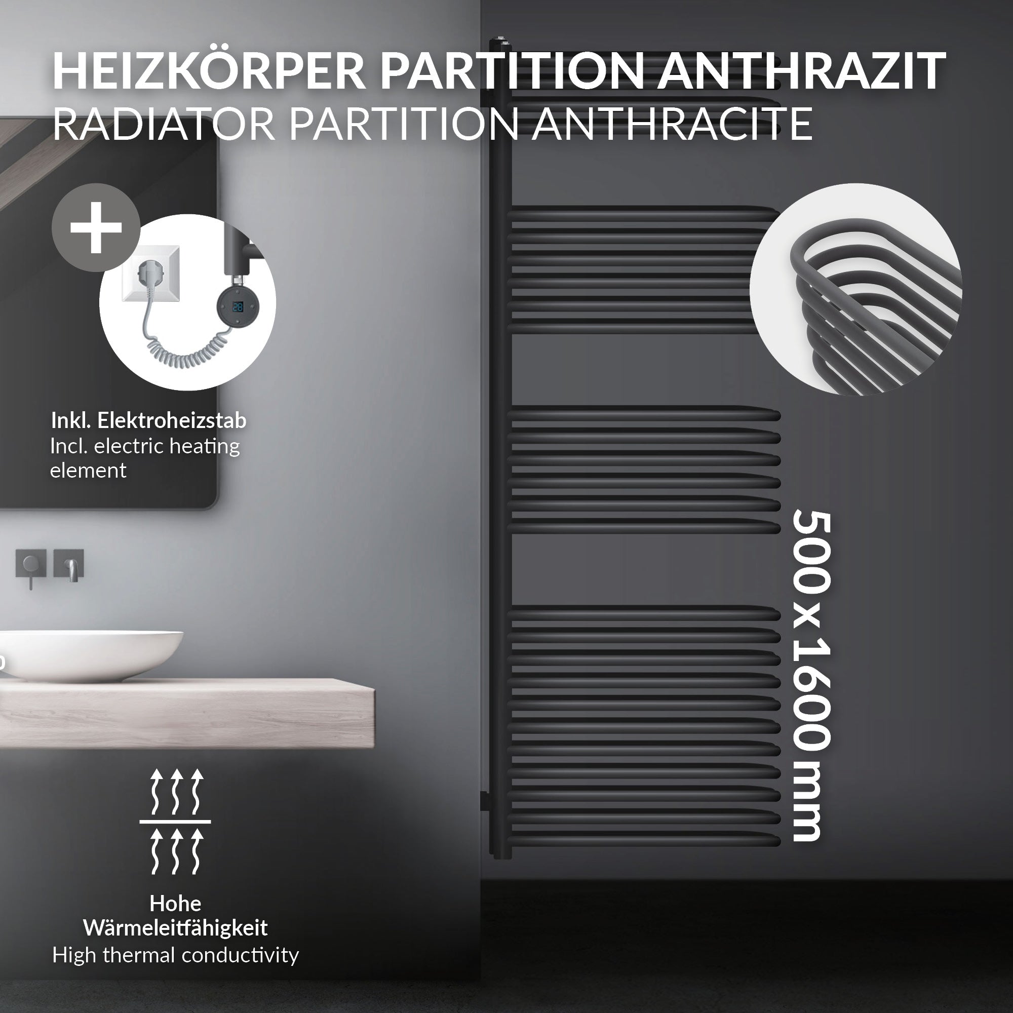 Radiator partition in anthracite with electric heating element.