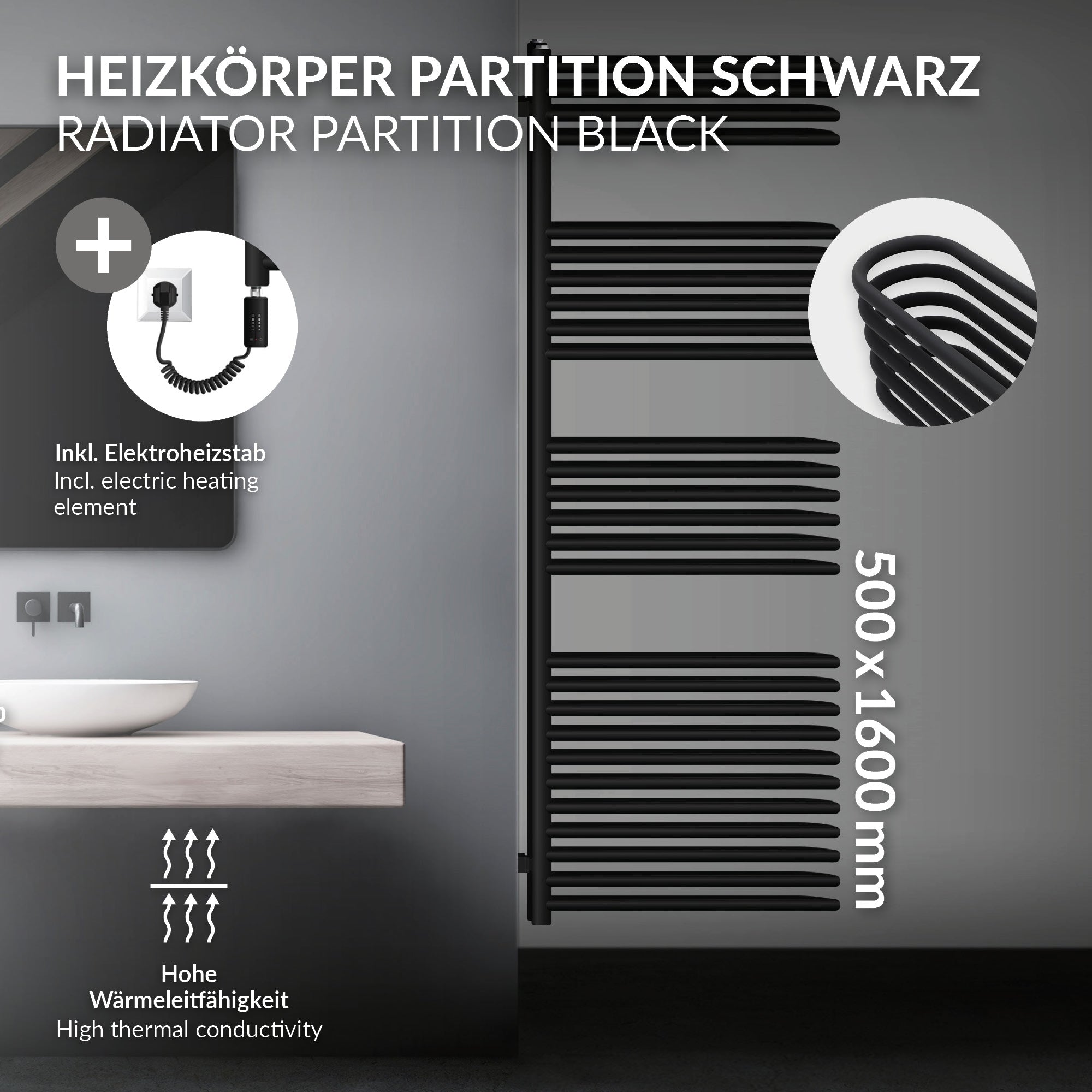 Schwarze Heizkörperpartition mit elektrischem Heizstab.