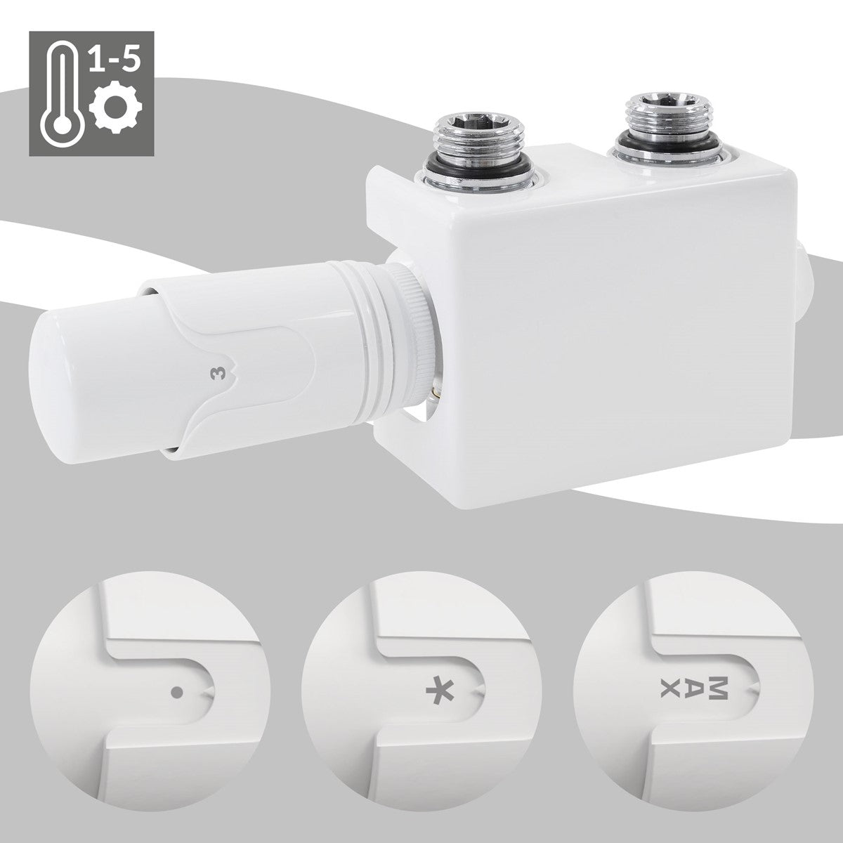 Vanne thermostatique blanche avec une poignée rotative et deux raccords chromés ; à côté, des symboles pour les niveaux de température et trois vues détaillées.