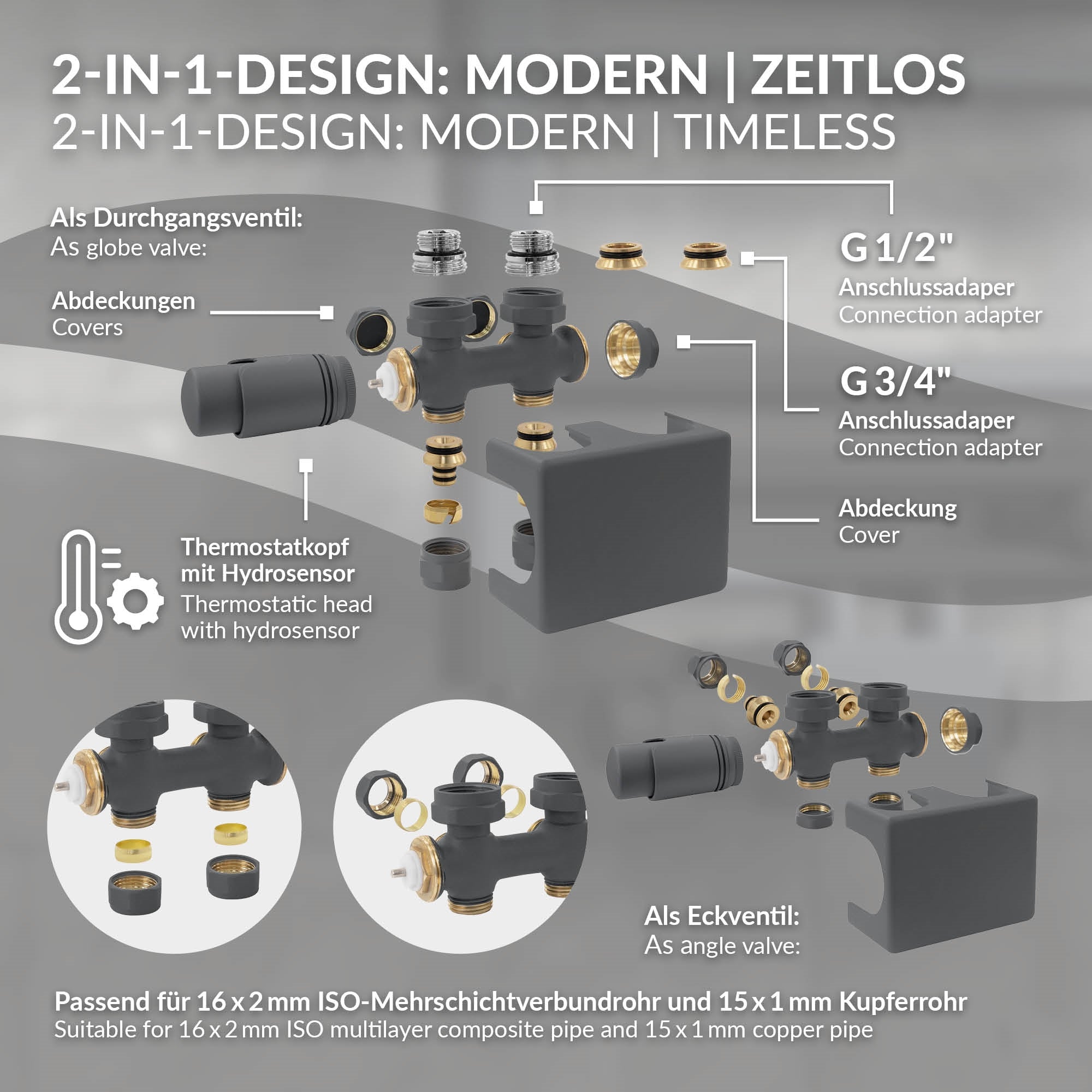 Diagram különböző szelepekről és csatlakozási lehetőségekről vízvezeték-szerelvényekhez.