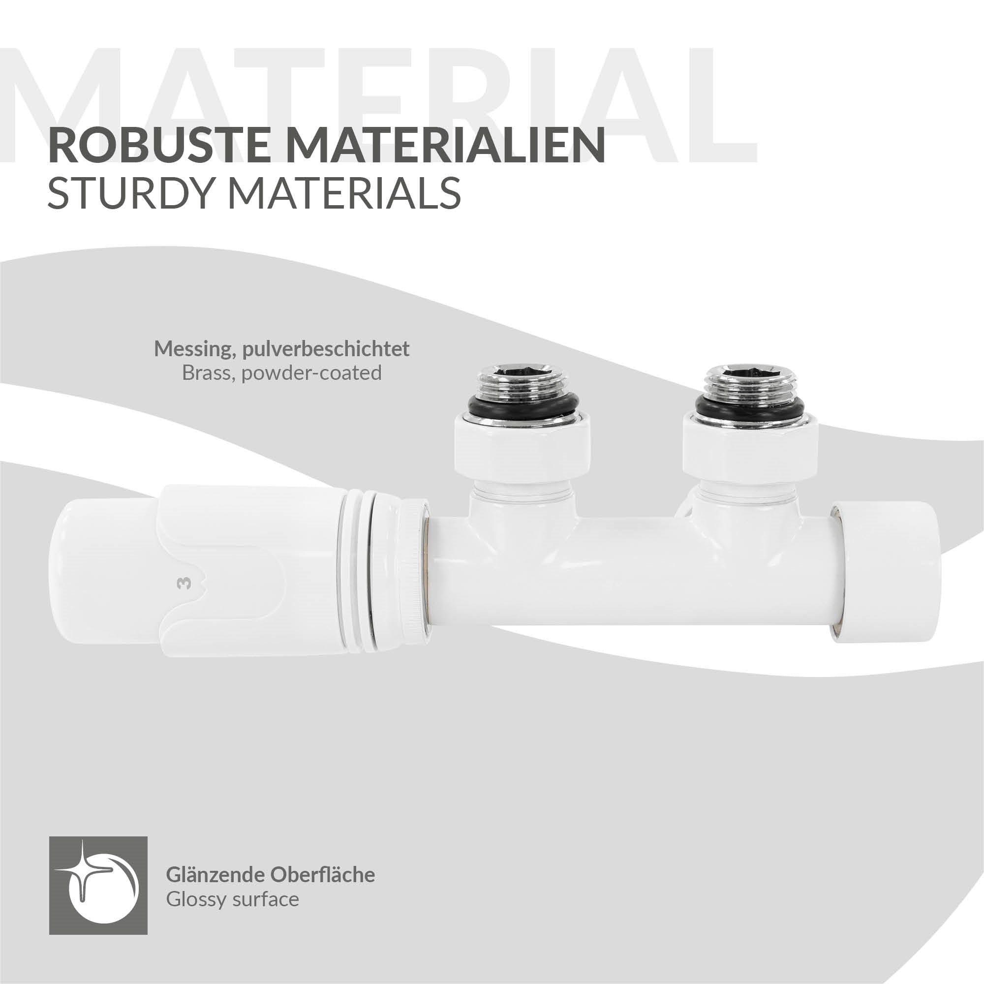 Robust valve made of brass with powder-coated surface.