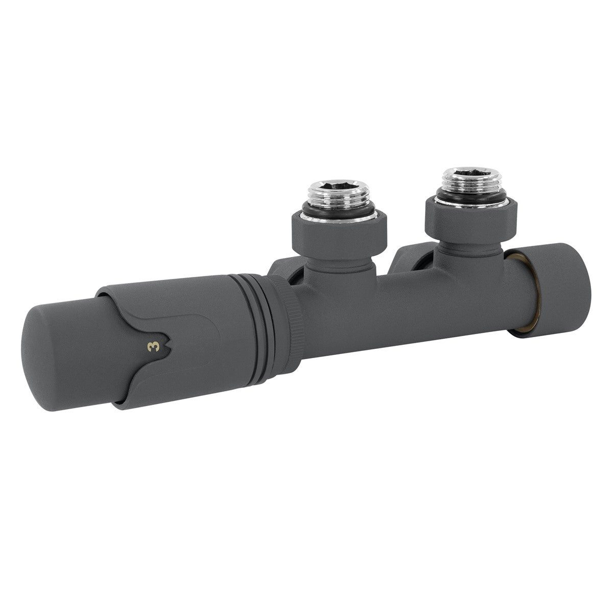 Donkergrijze radiatorafsluiter met een cilindrische thermostaatkop en twee aansluitingen.