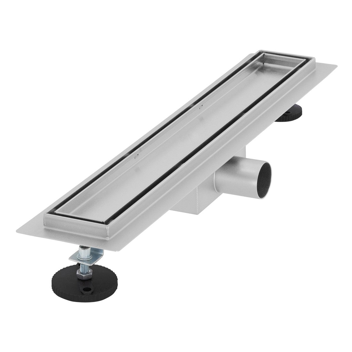 Long, flat metal shower drain with rubber feet.