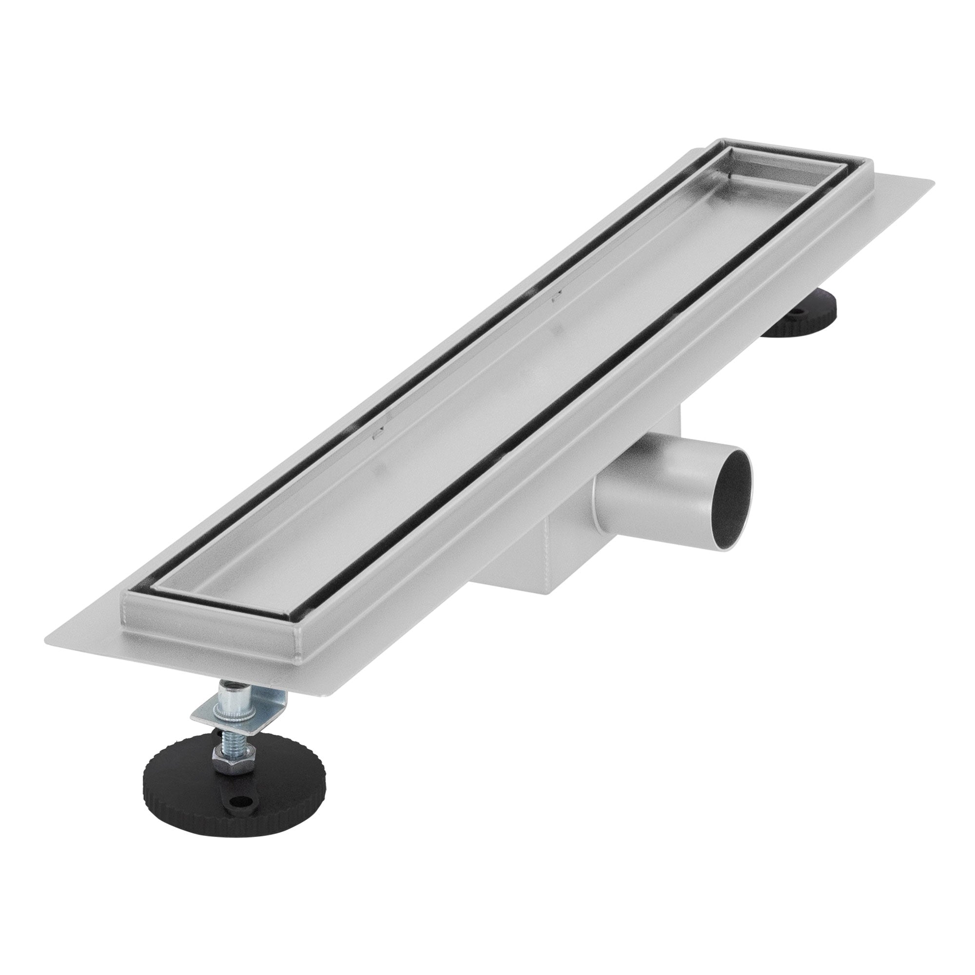 Langer, flacher Duschablauf aus Metall mit Gummifüßen.