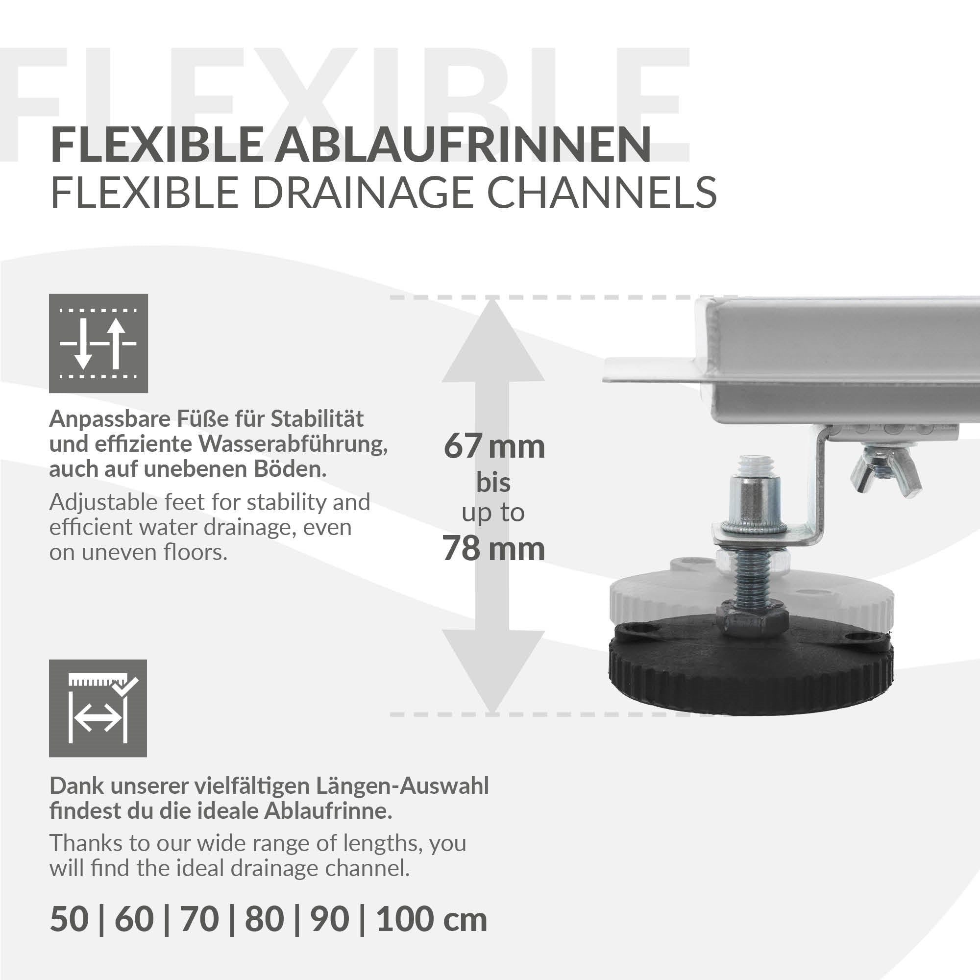 Grafik zu flexiblen Ablaufkanälen mit einstellbaren Füßen und Höhenangaben.