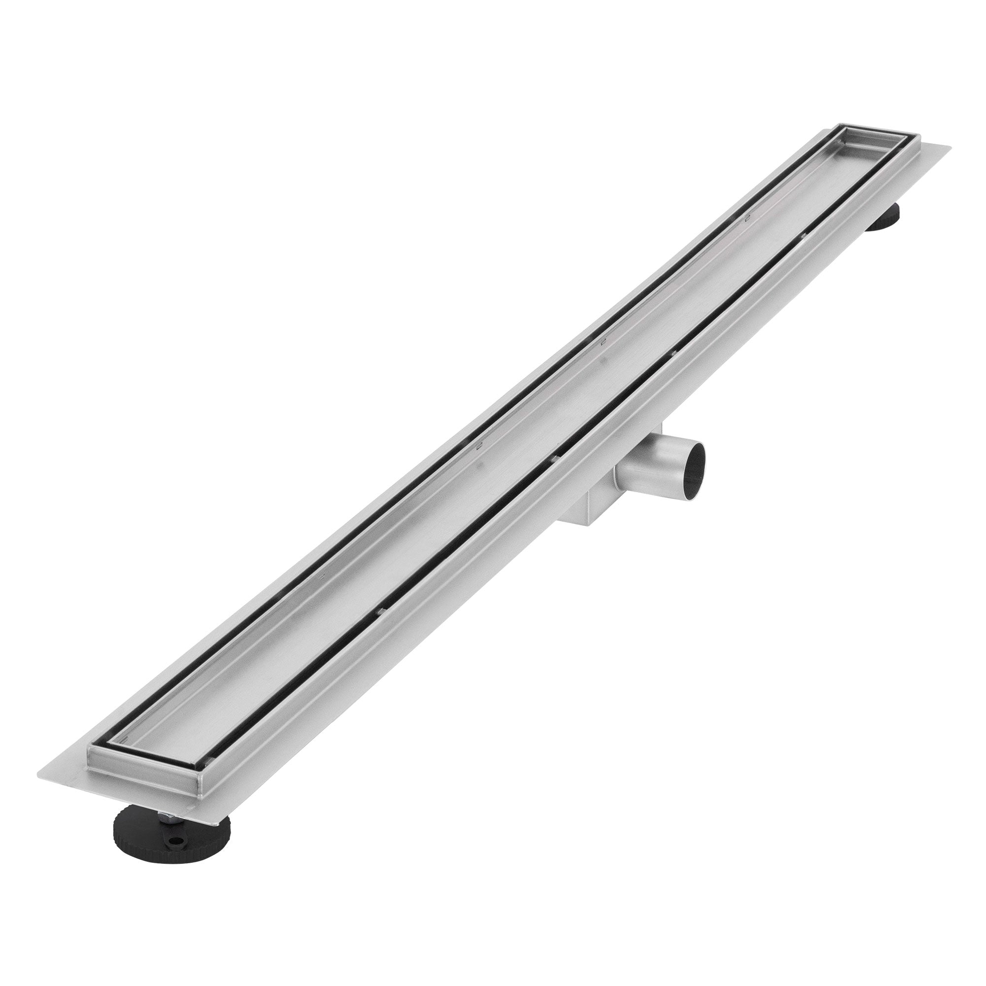 Langer, schmaler Duschablauf aus Edelstahl mit Abflussrohr.