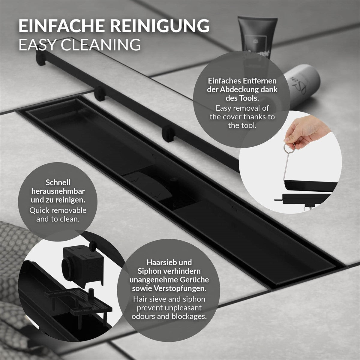 Grafik zur einfachen Reinigung mit Siphon und Abdeckung.