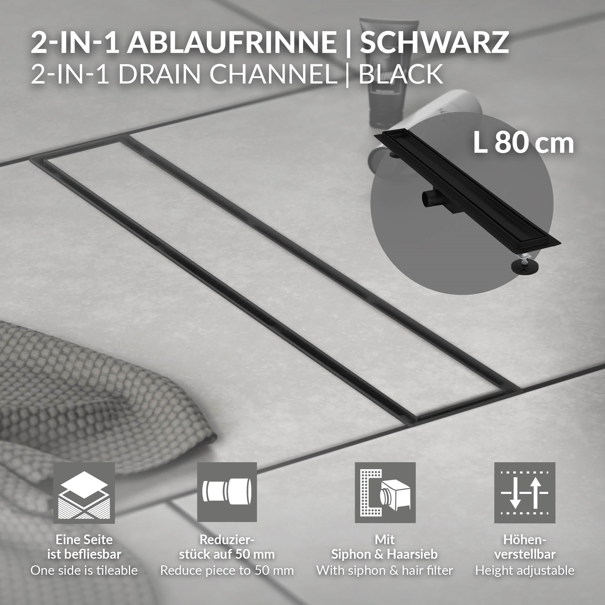 Grafik beschreibt eine 2-in-1 Ablaufrinne in Schwarz mit Maßangaben.