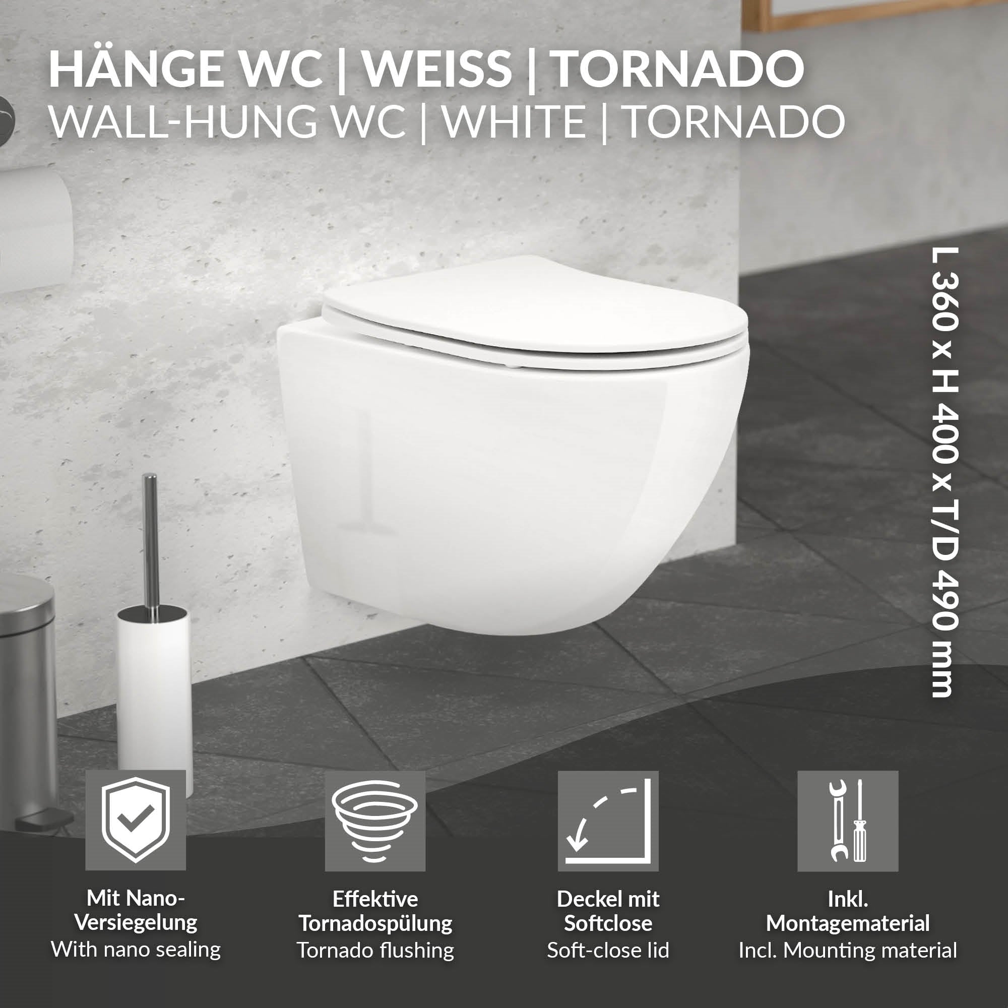 Wandhängendes WC in Weiß mit Nano-Versiegelung.