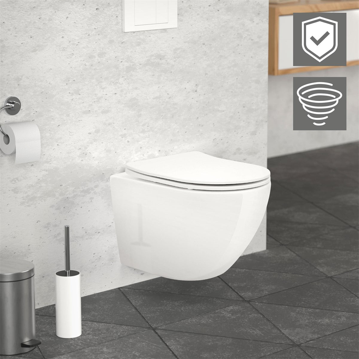 Modern wall-hung toilet in a bathroom with a gray wall.