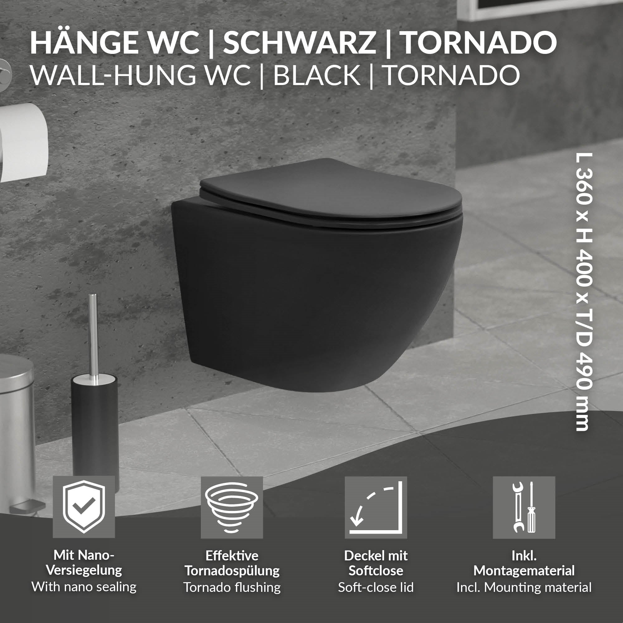 Schwarzes wandhängendes WC mit Nano-Beschichtung und Softclose-Funktion.