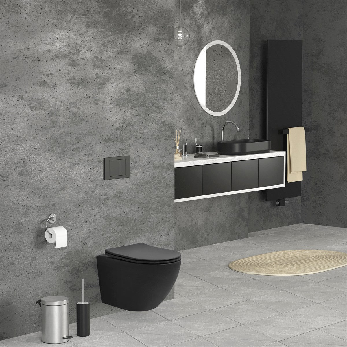 Bagno moderno con WC nero e specchio da parete rotondo.