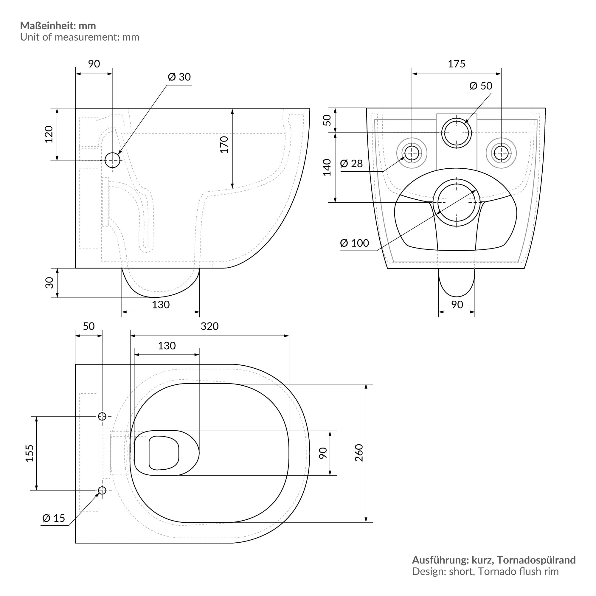 Technische Zeichnung einer Toilette mit Maßen in Millimetern.