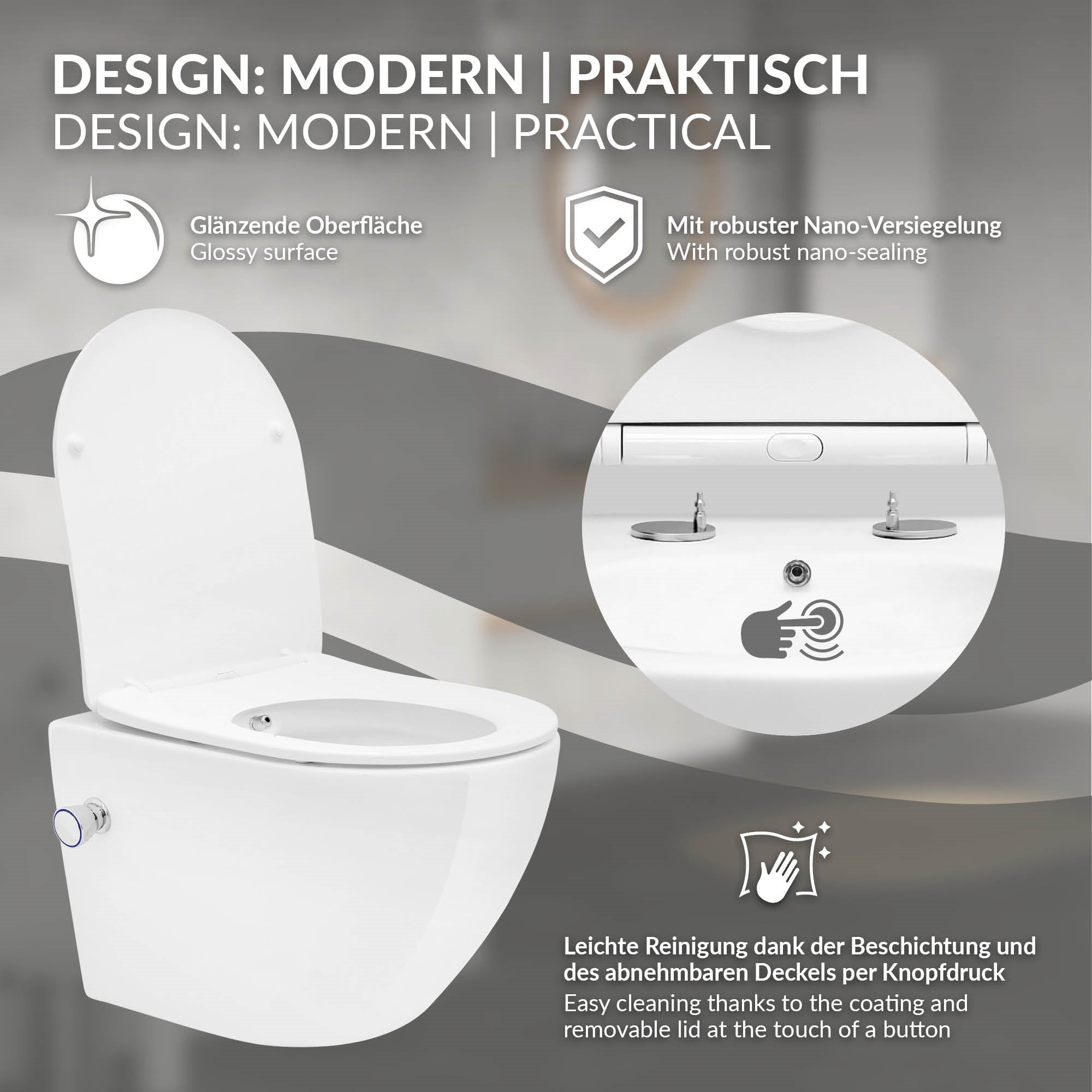 Toilette mit glänzender Oberfläche und abnehmbarem Deckel.