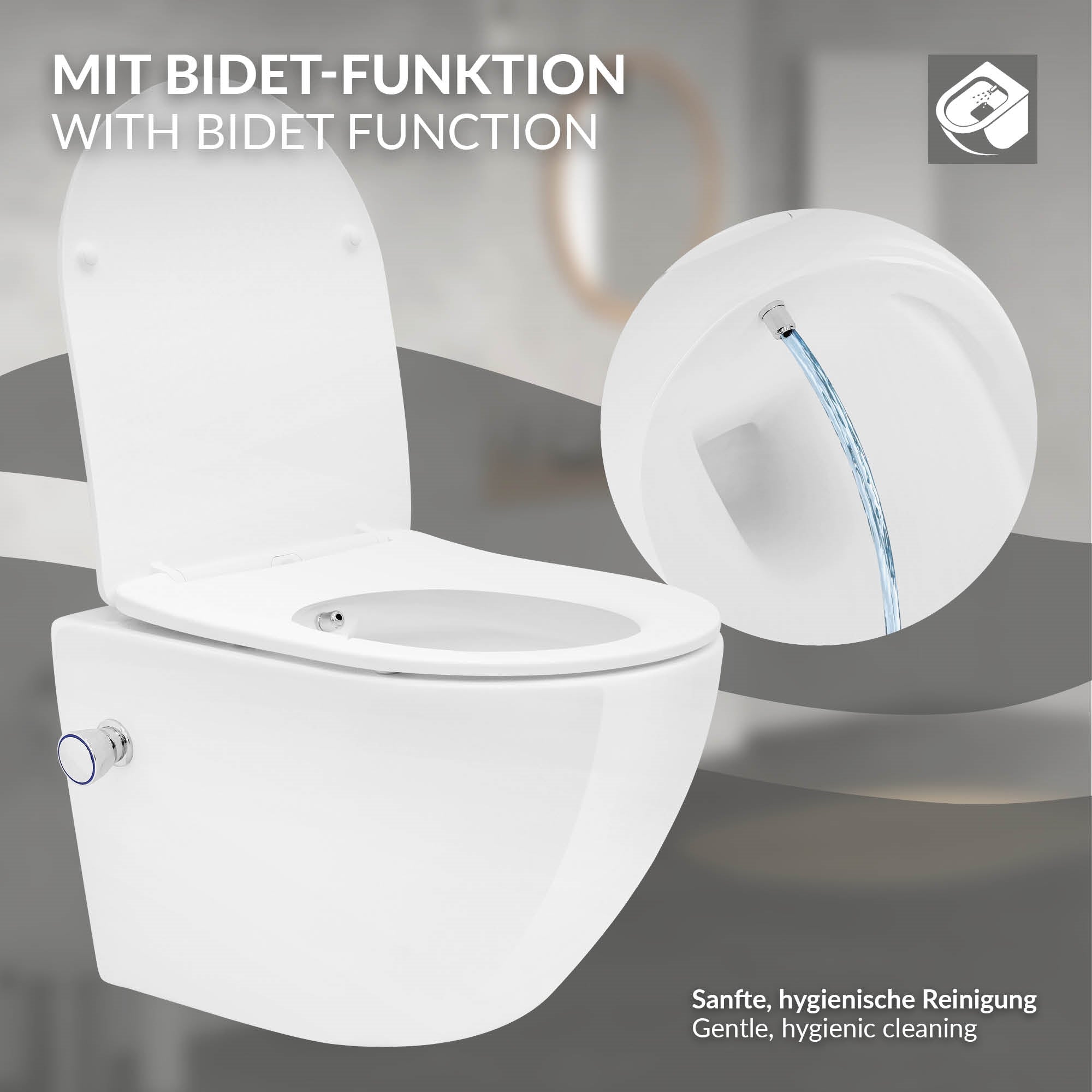 Toilette mit Bidet-Funktion, sanfte und hygienische Reinigung.