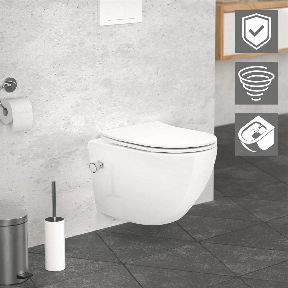 Wall-hung toilet in a modern bathroom with grey tiles.