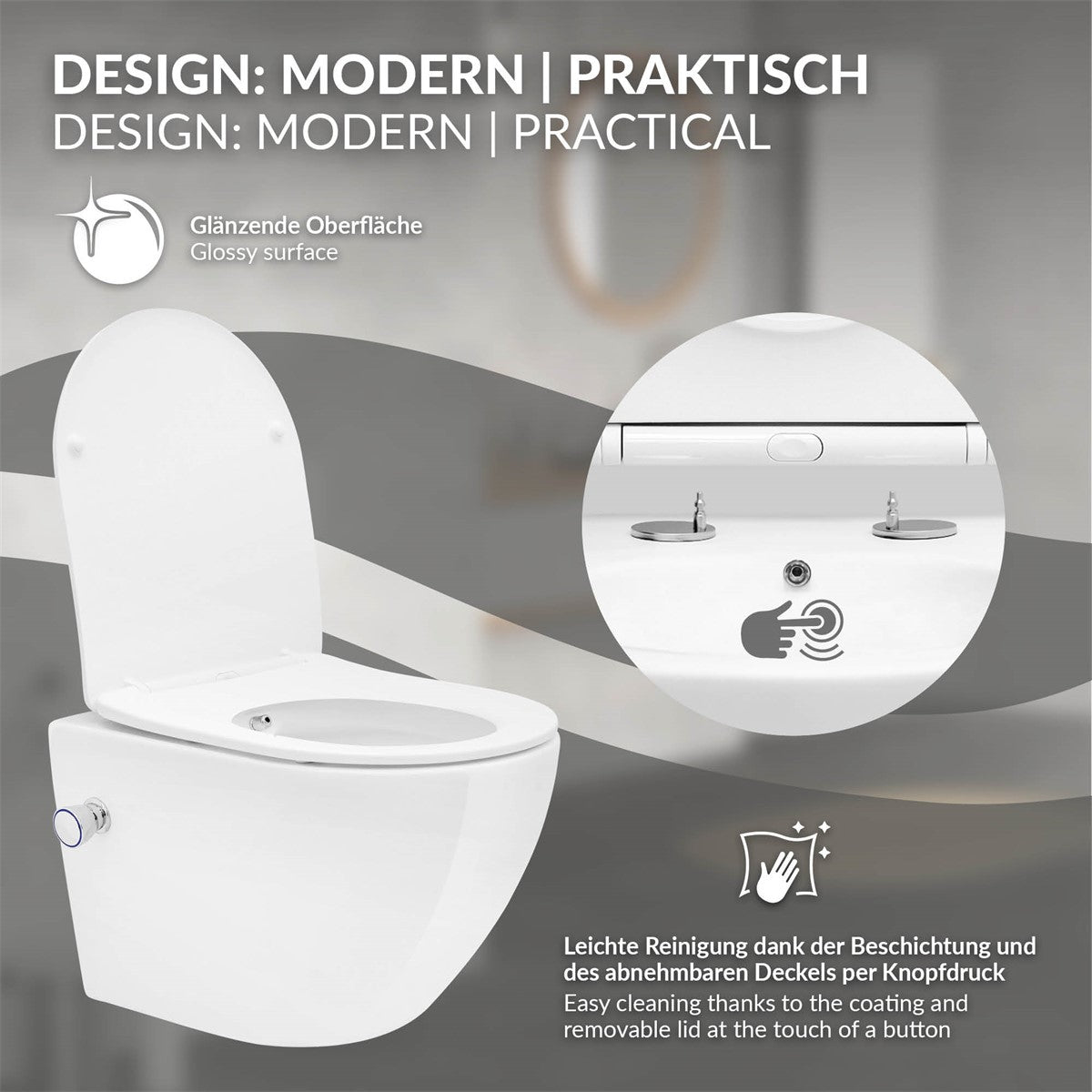 Weißes wandhängendes WC mit glänzender Oberfläche und Knopf für die Spülung.