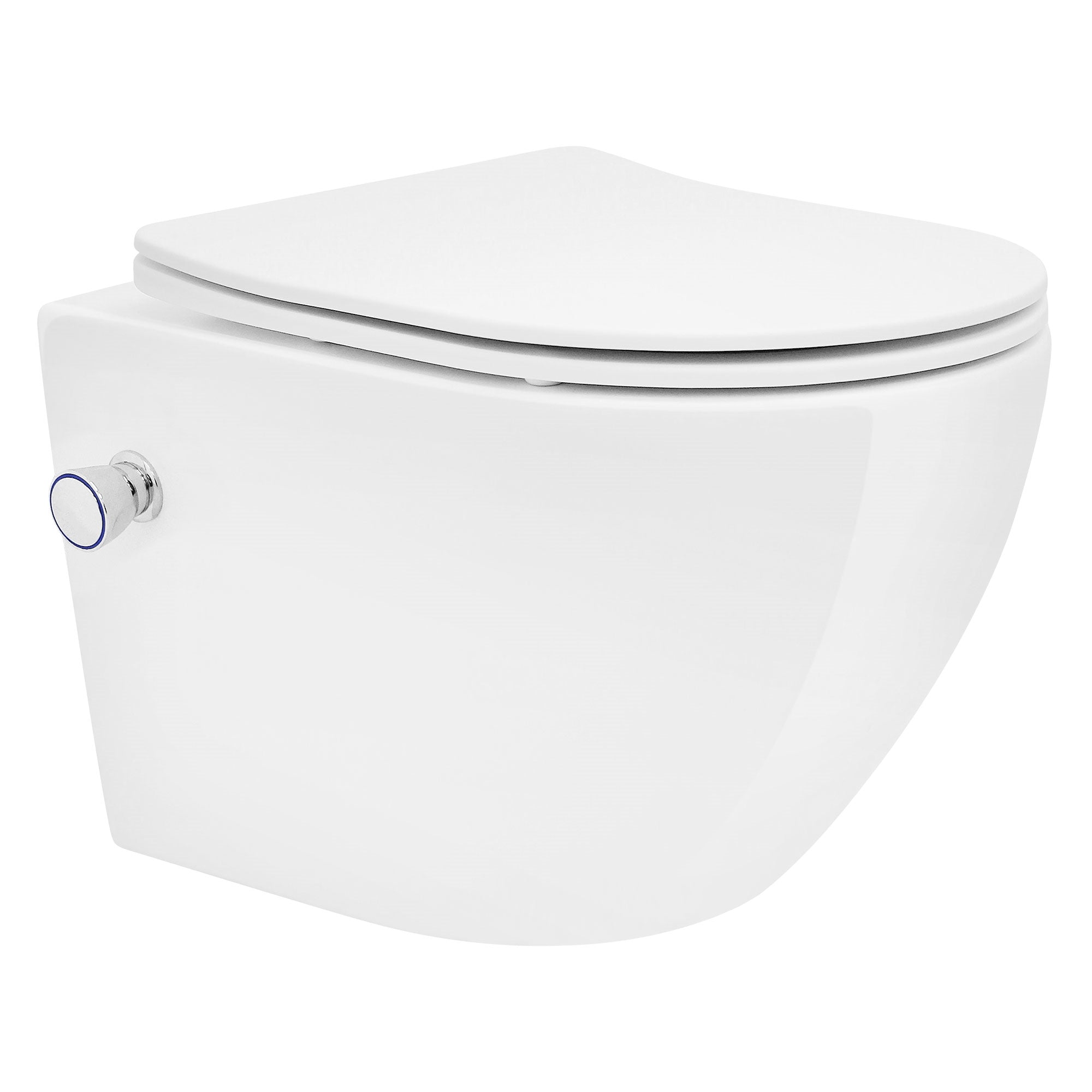 Weiße Wandtoilette auf grauem Fliesenboden.