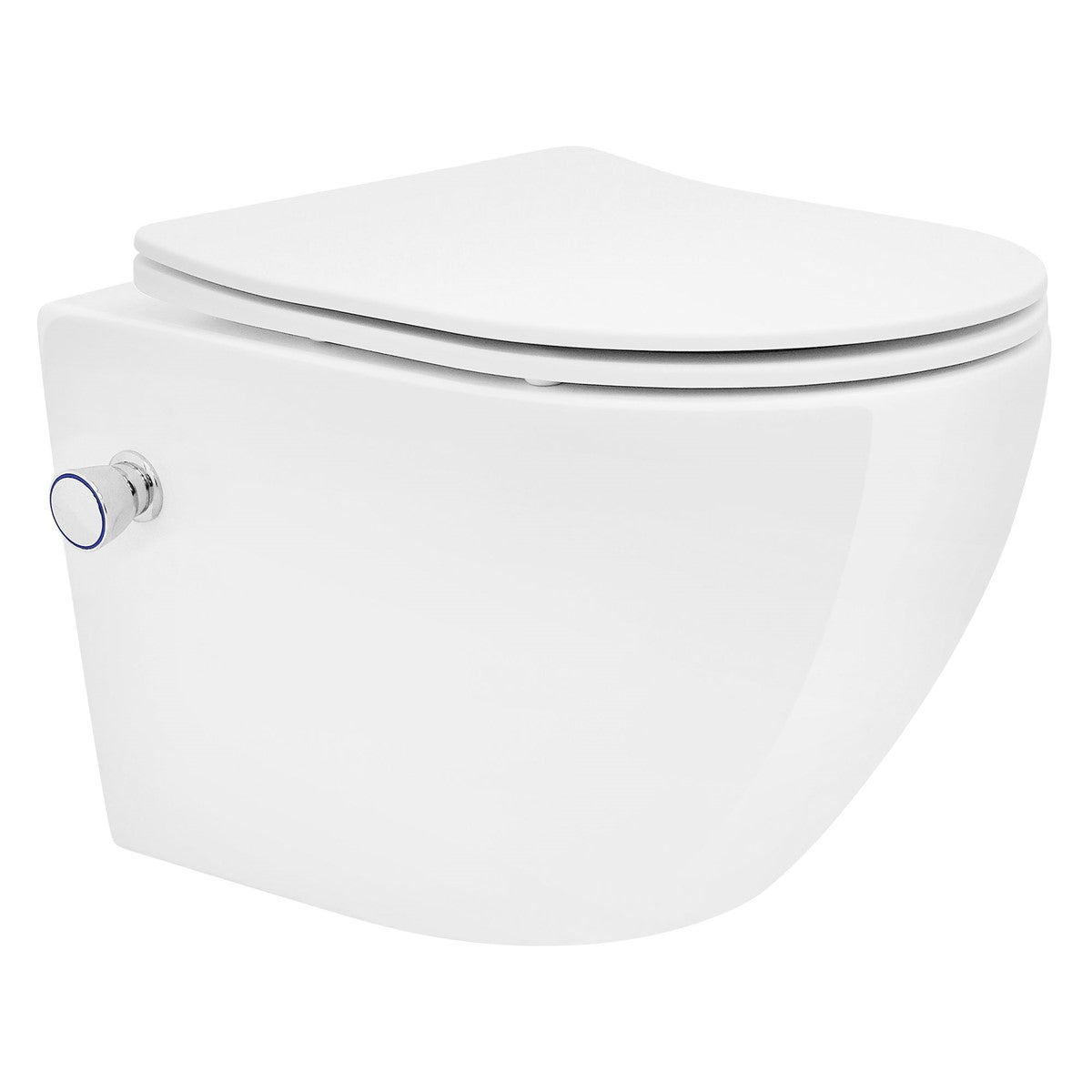 Weiße Wandtoilette auf grauem Fliesenboden.