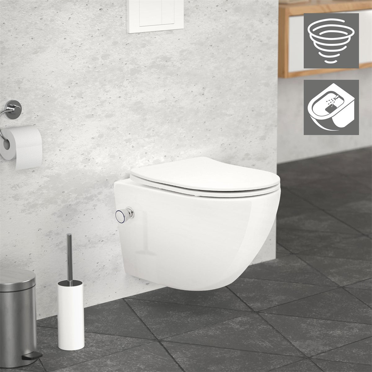 Wall-hung toilet in a modern bathroom with grey tiles.