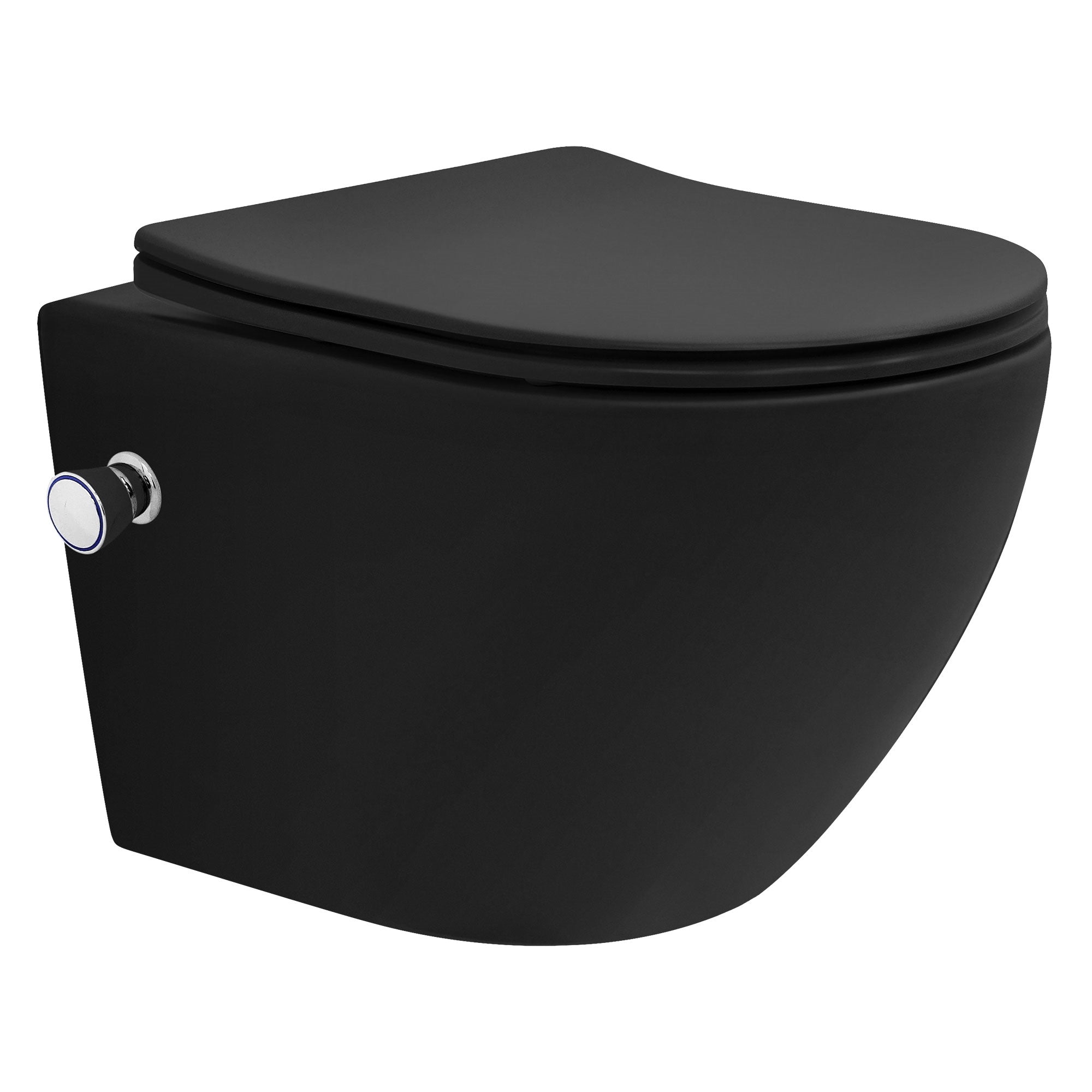 Schwarze Toilette in seitlicher Ansicht auf weißem Hintergrund.