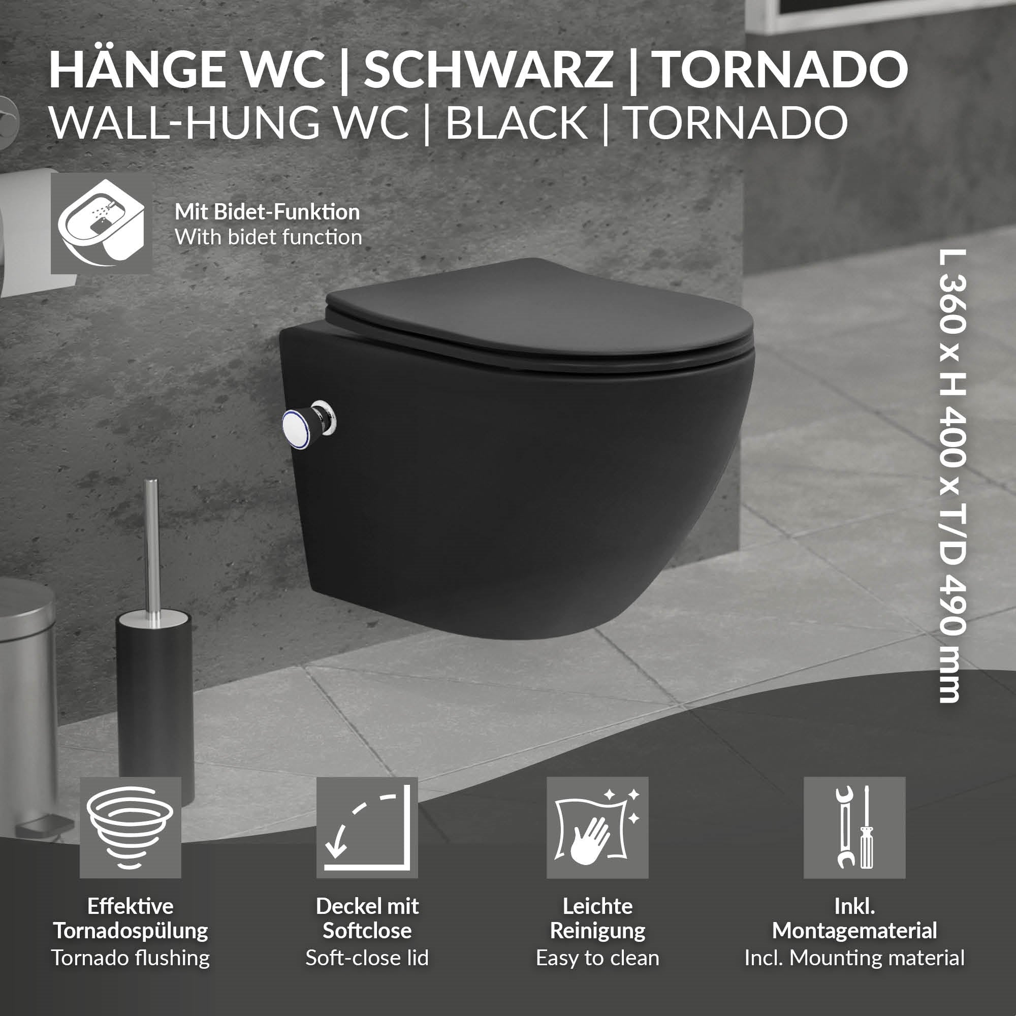 Schwarzes wandhängendes WC mit Bidet-Funktion und Knopf für die Spülung.