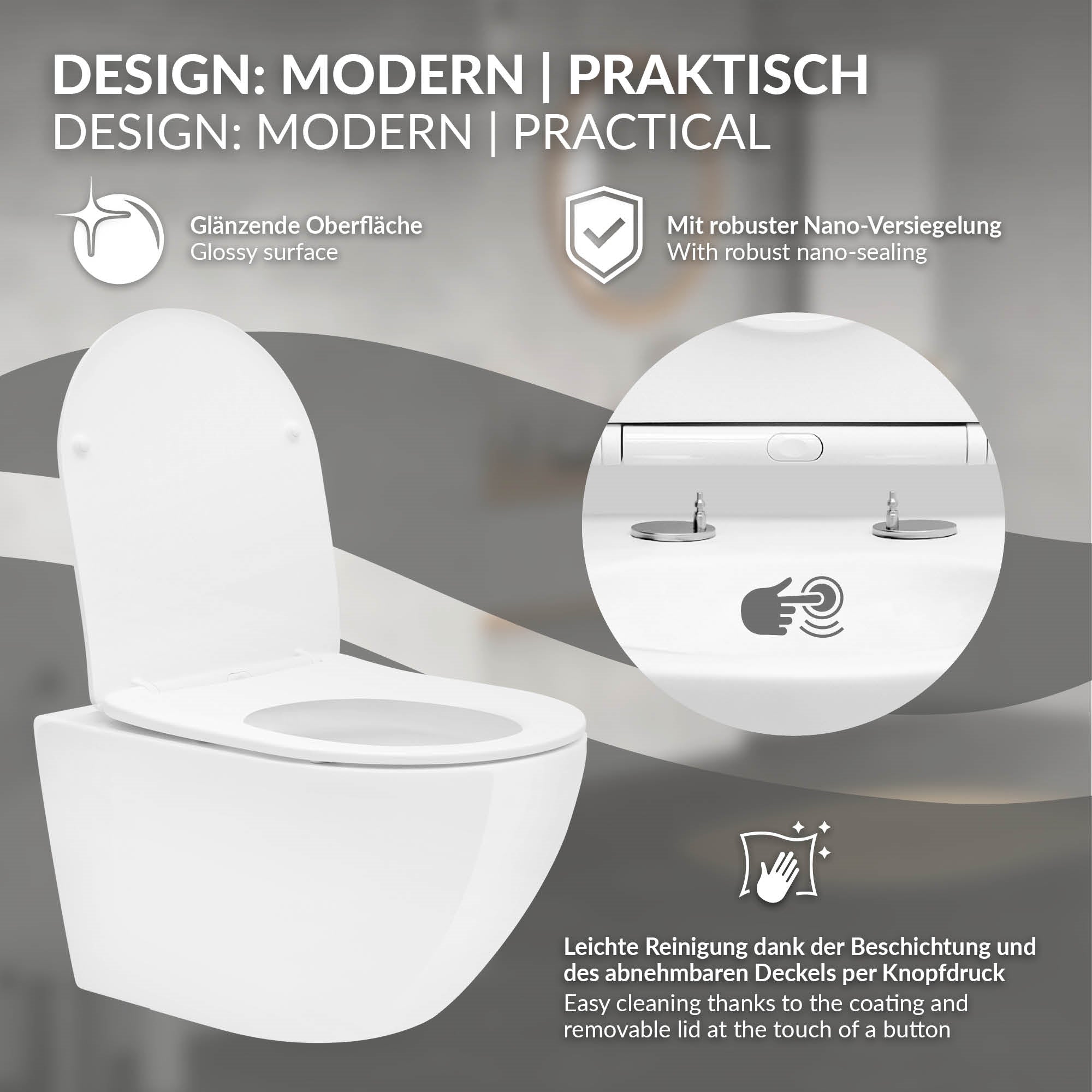Toiletdesign met glanzend oppervlak en nano-verzegeling.