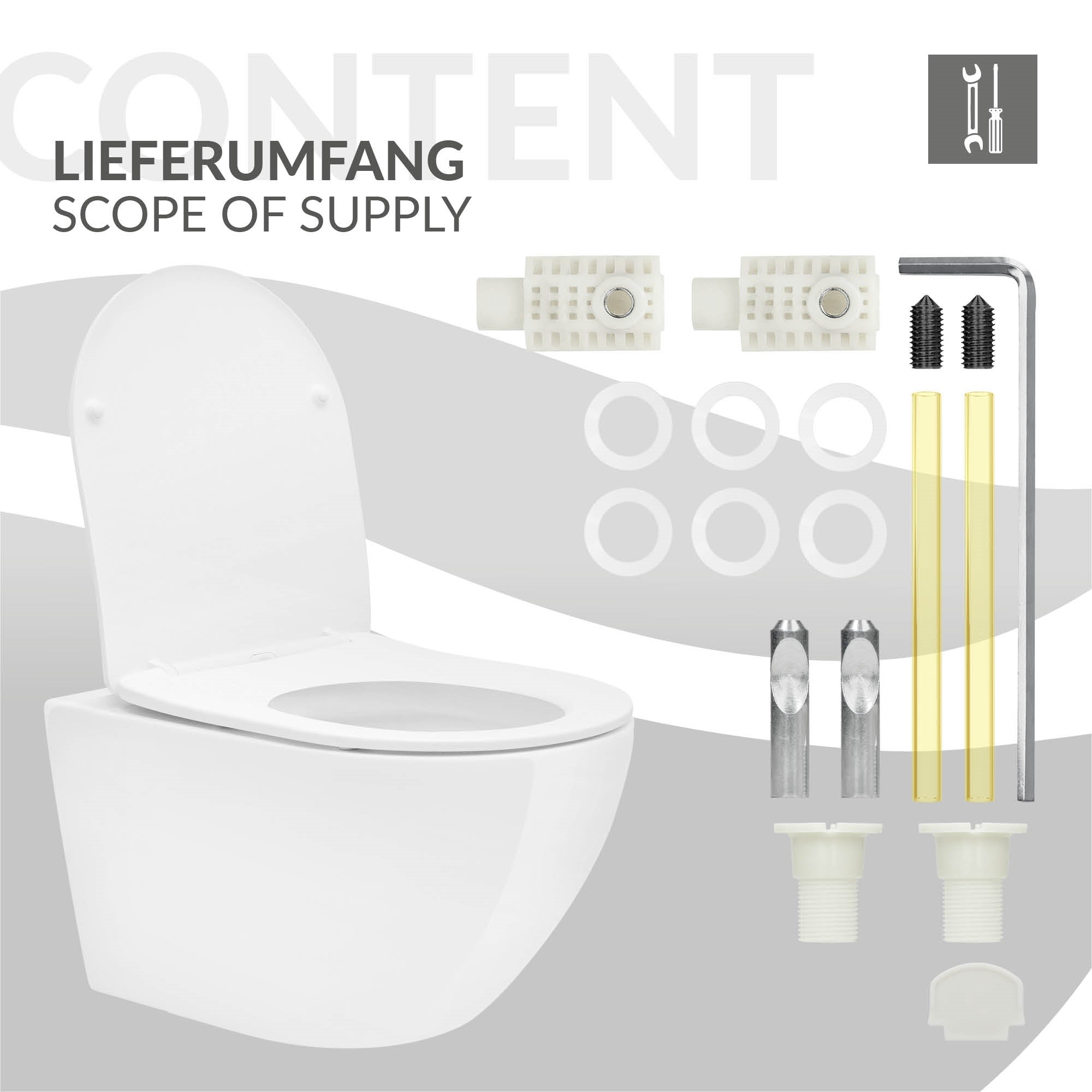 Leveringsomvang voor het toilet, inclusief montagemateriaal en onderdelen.