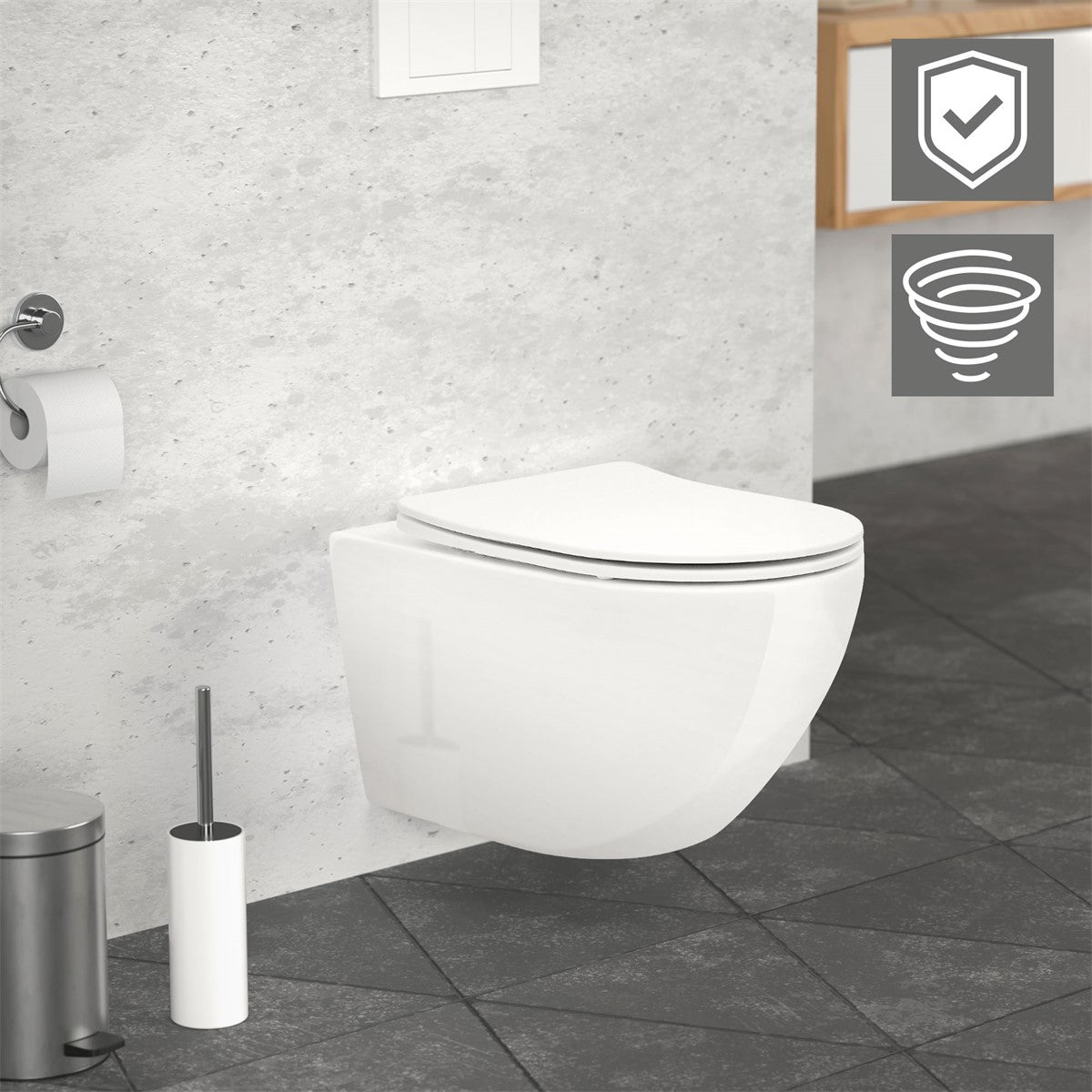 White wall-hung toilet with a test symbol in a bathroom.
