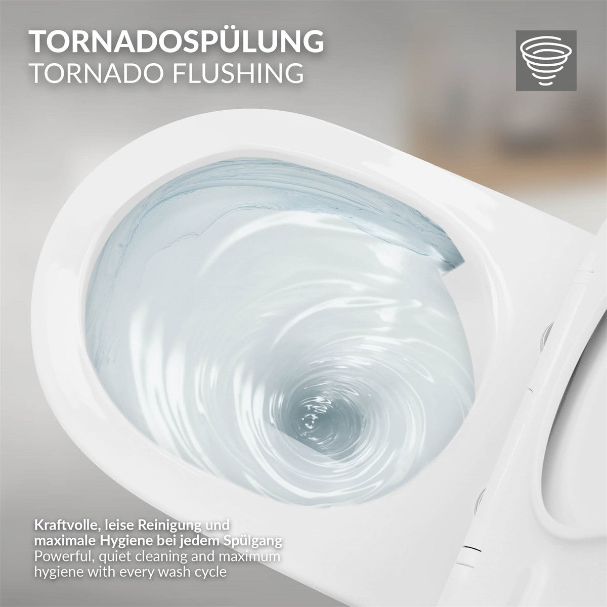 Grande plano da descarga Tornado com um remoinho de água na sanita.