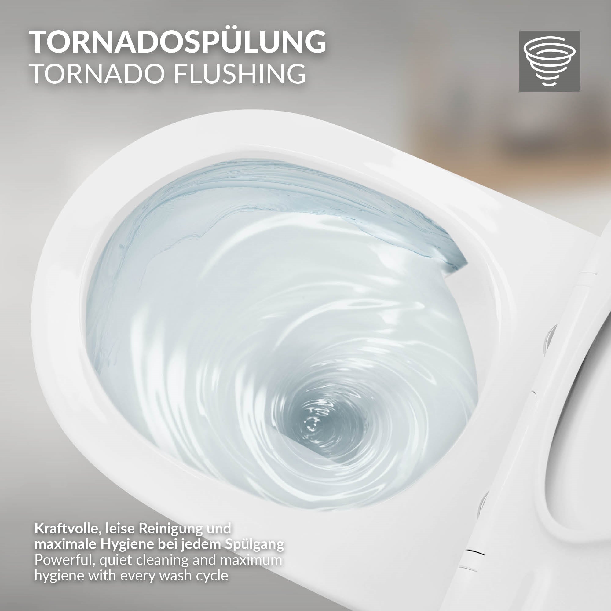 Nahaufnahme der Tornadospülung mit Wasserwirbel in der Toilette.