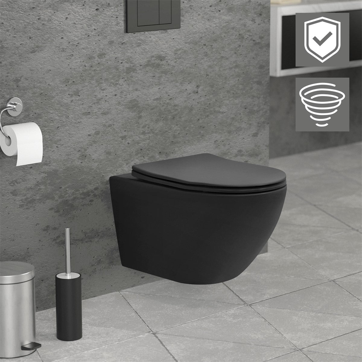 Black wall-hung toilet in front of a gray wall and tiled floor.