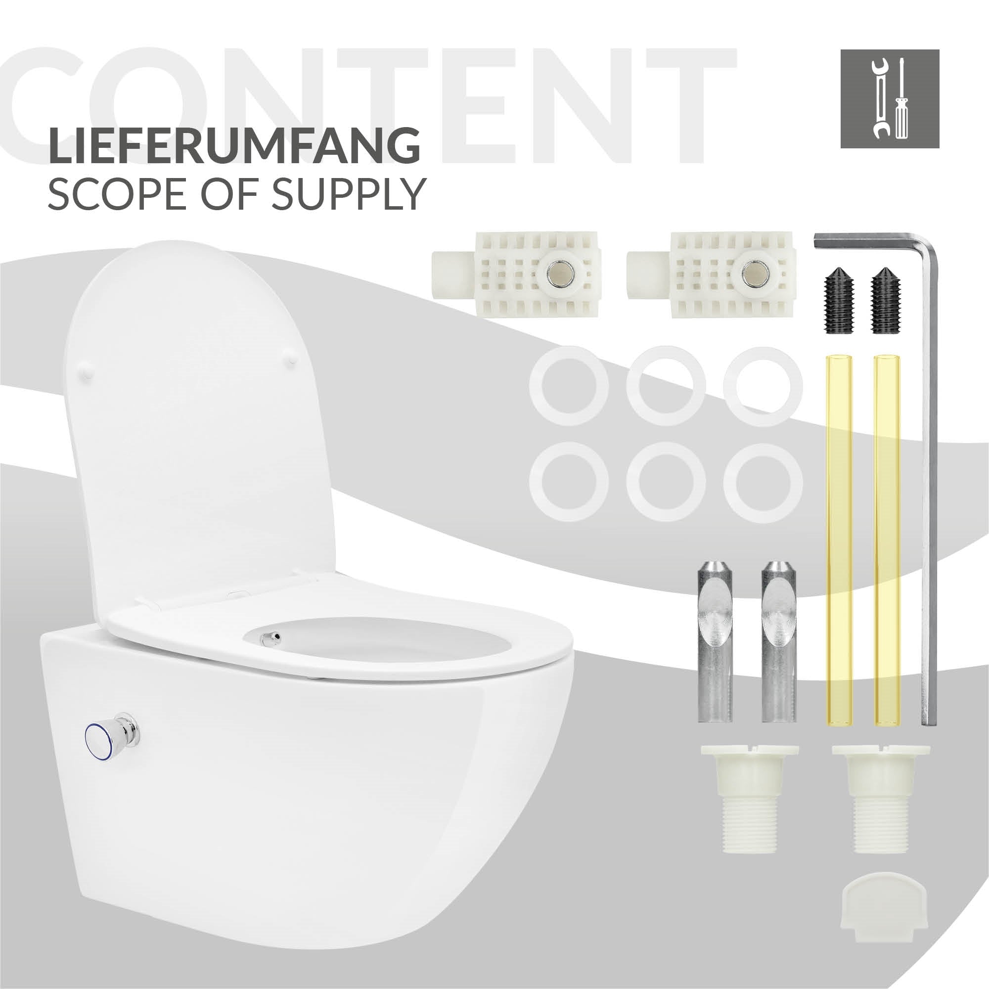 White toilet with accessories on a light background.