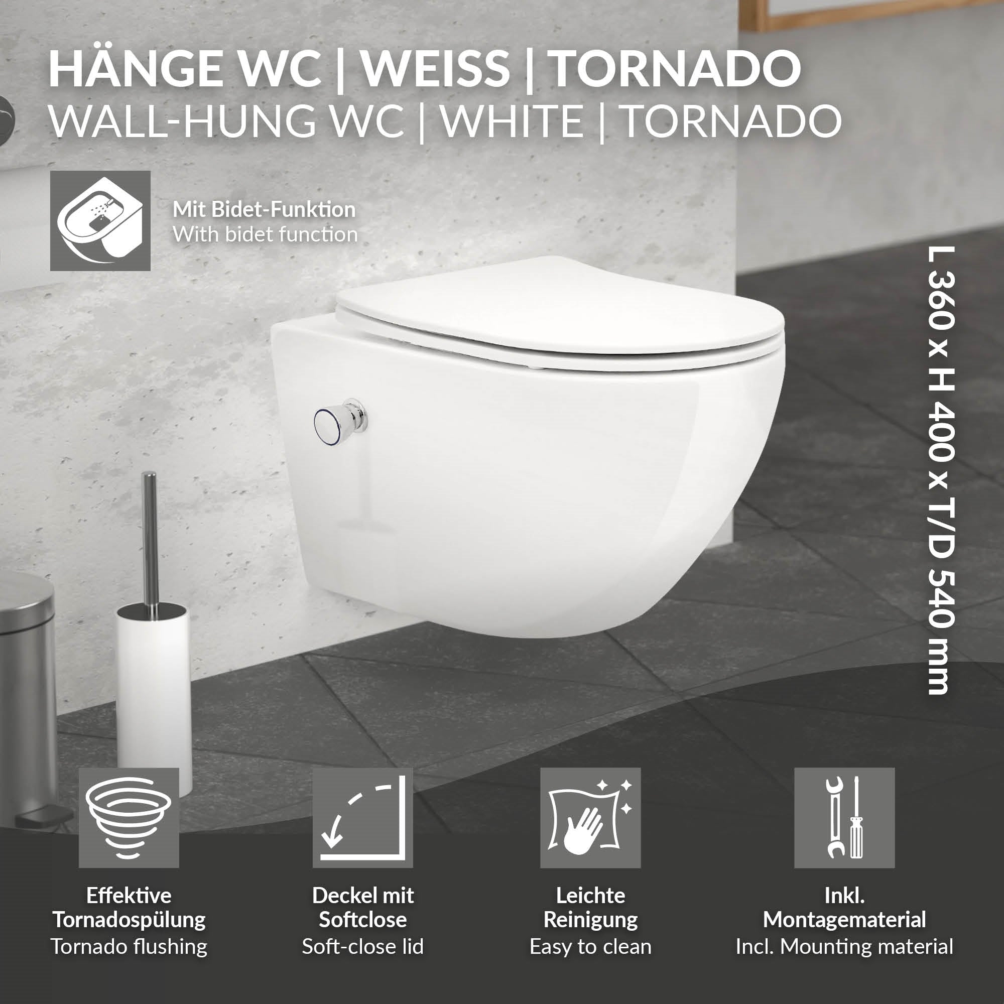 Hängendes WC in Weiß mit Bidet-Funktion, Maße und Montagehinweise.