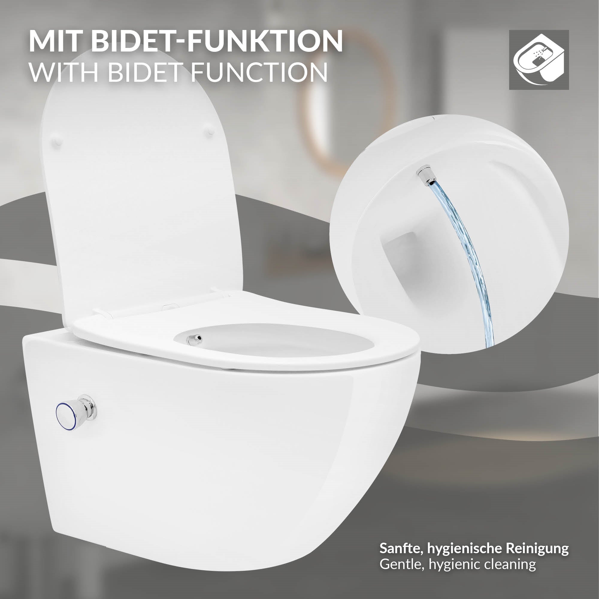 Weiße Toilette mit Bidet-Funktion und Wasseranschluss auf hellem Hintergrund.