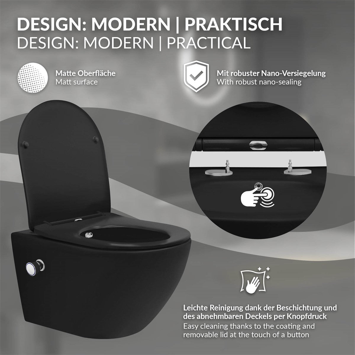 Modern toalett med matt finish och robust nanoförsegling.
