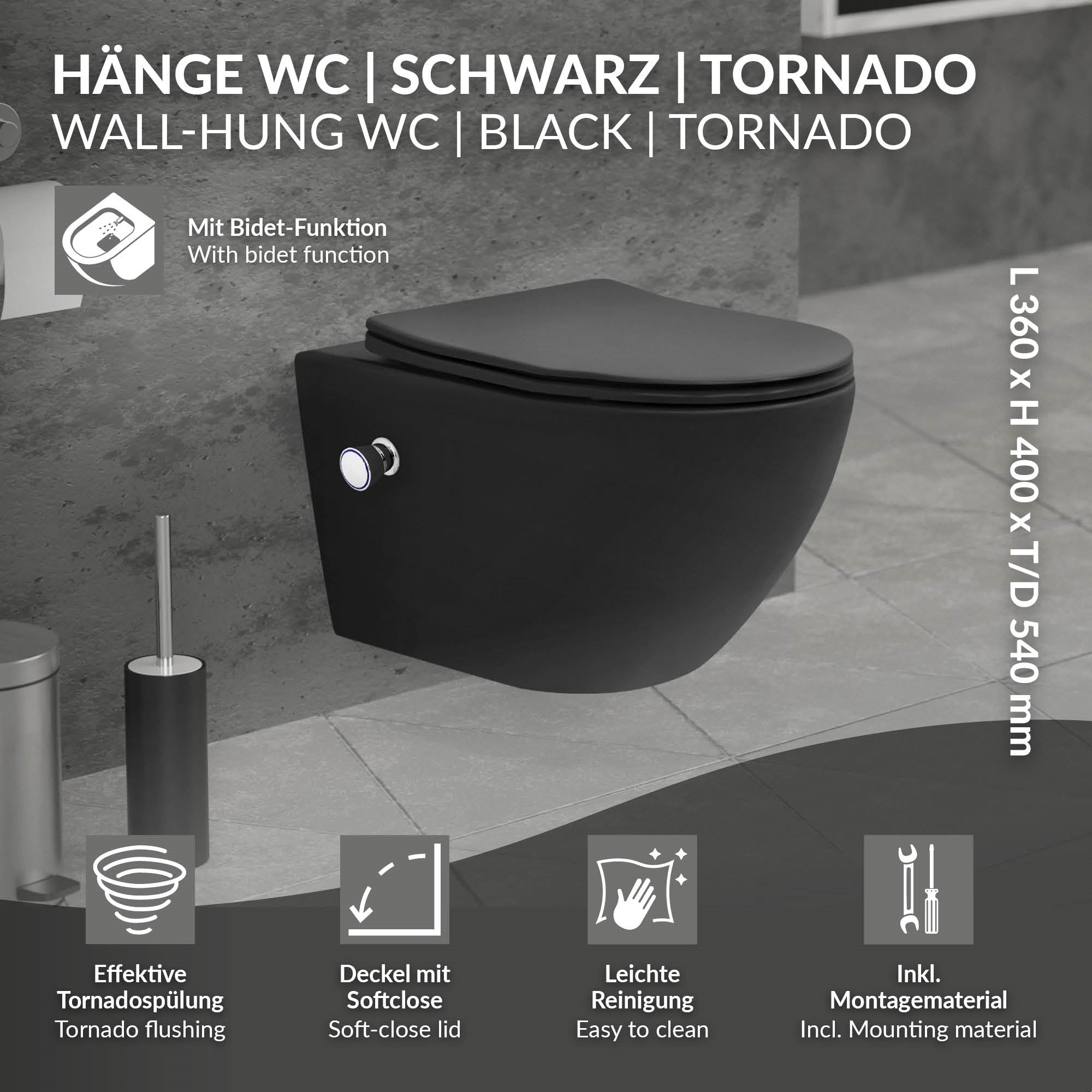 Schwarzes, hängendes WC mit Bidet-Funktion und leicht zu reinigendem Deckel.