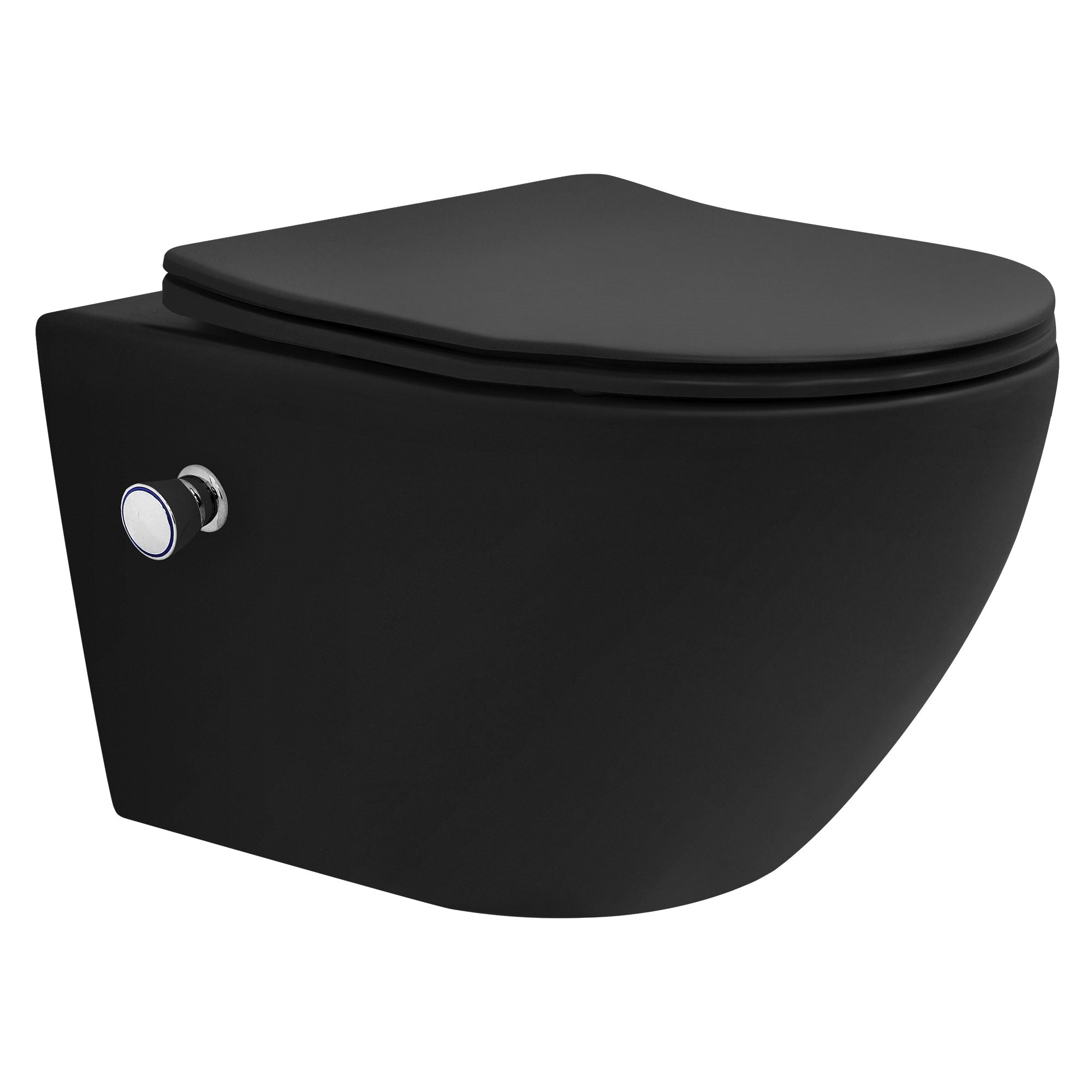 Schwarze Wandtoilette mit abgerundeter Form und Betätigungsplatte.