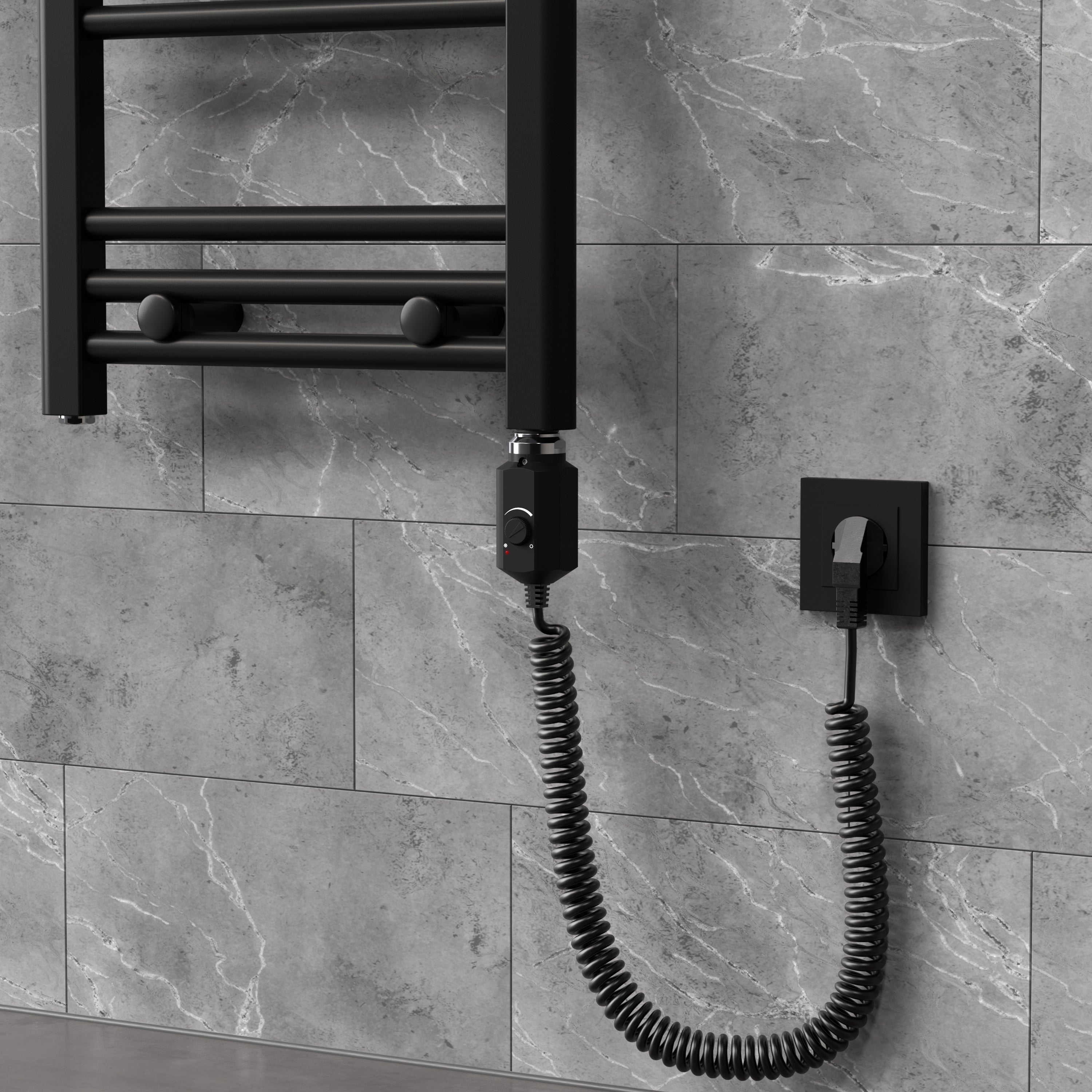 Heizstab an Wand montiert, mit Kabel und Steckdose sichtbar.