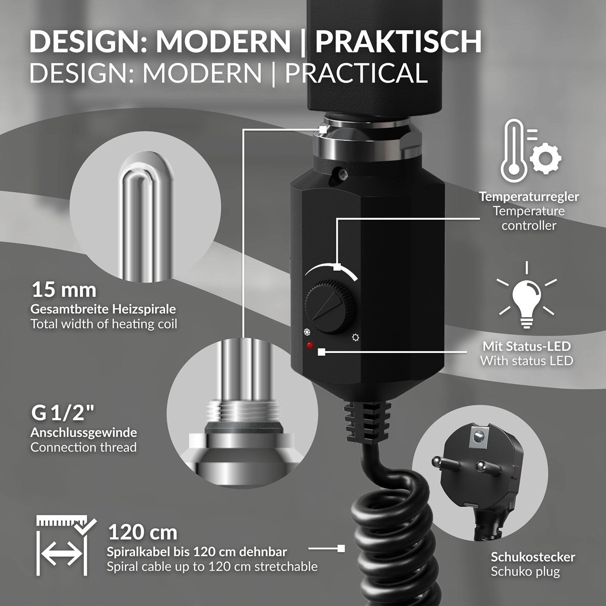 Heizstab mit modernen Designmerkmalen und Anschlussdetails.