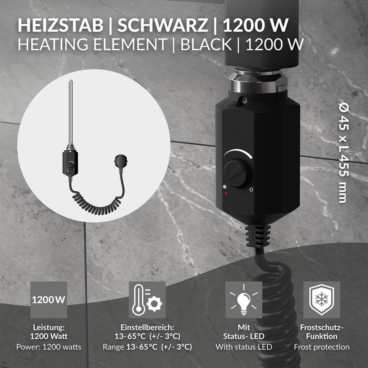 Heizstab in Schwarz mit technischen Details und Einstellbereich.