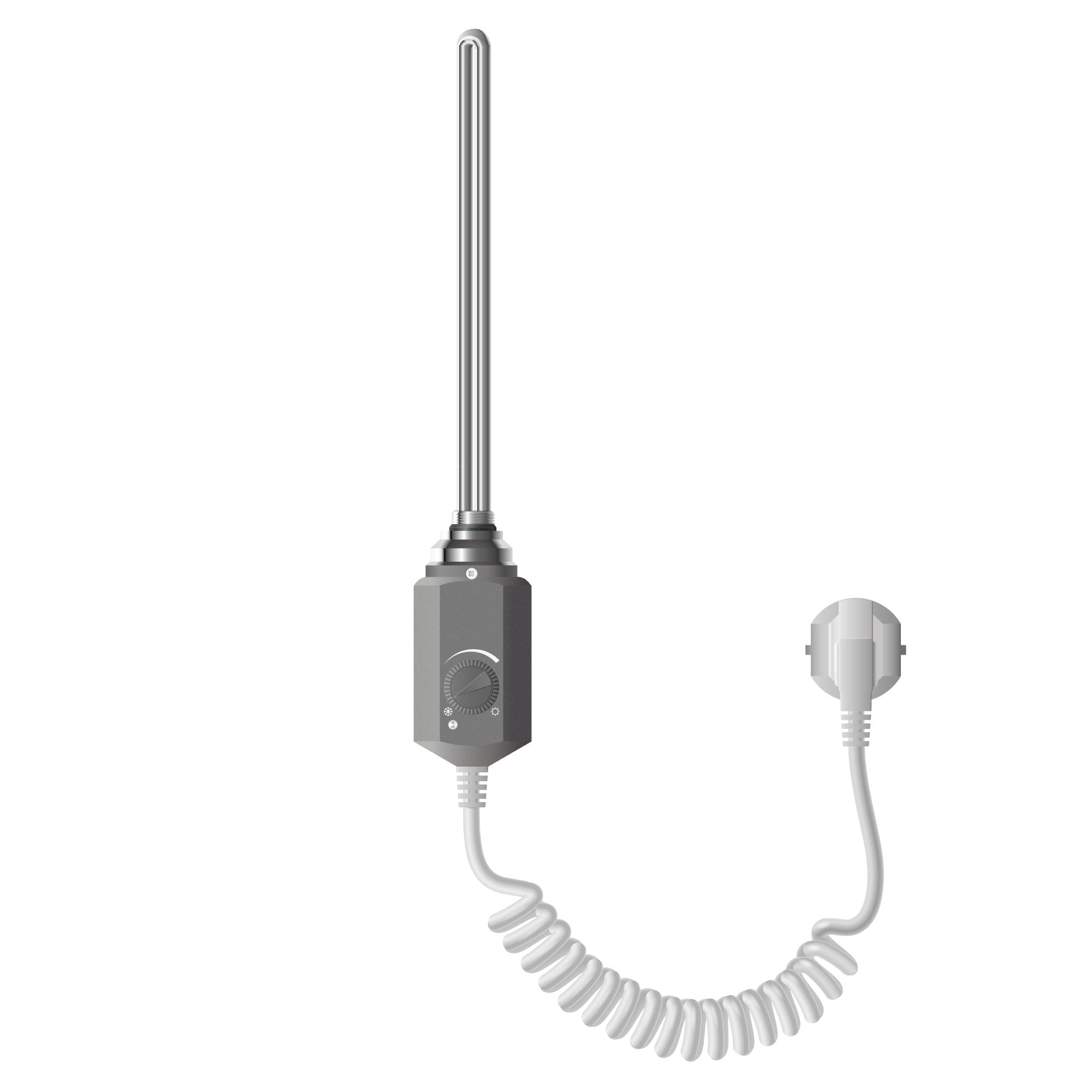 Ein Heizgerät mit einem langen Heizstab und einem spiralförmigen Kabel.