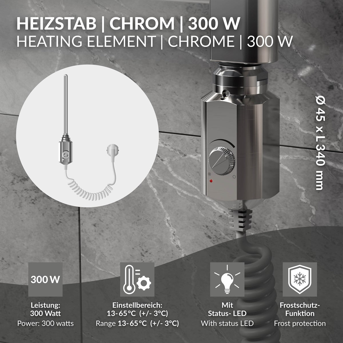 Heizstab in Chrom, 300 W, mit Temperaturregelung und LED-Anzeige.
