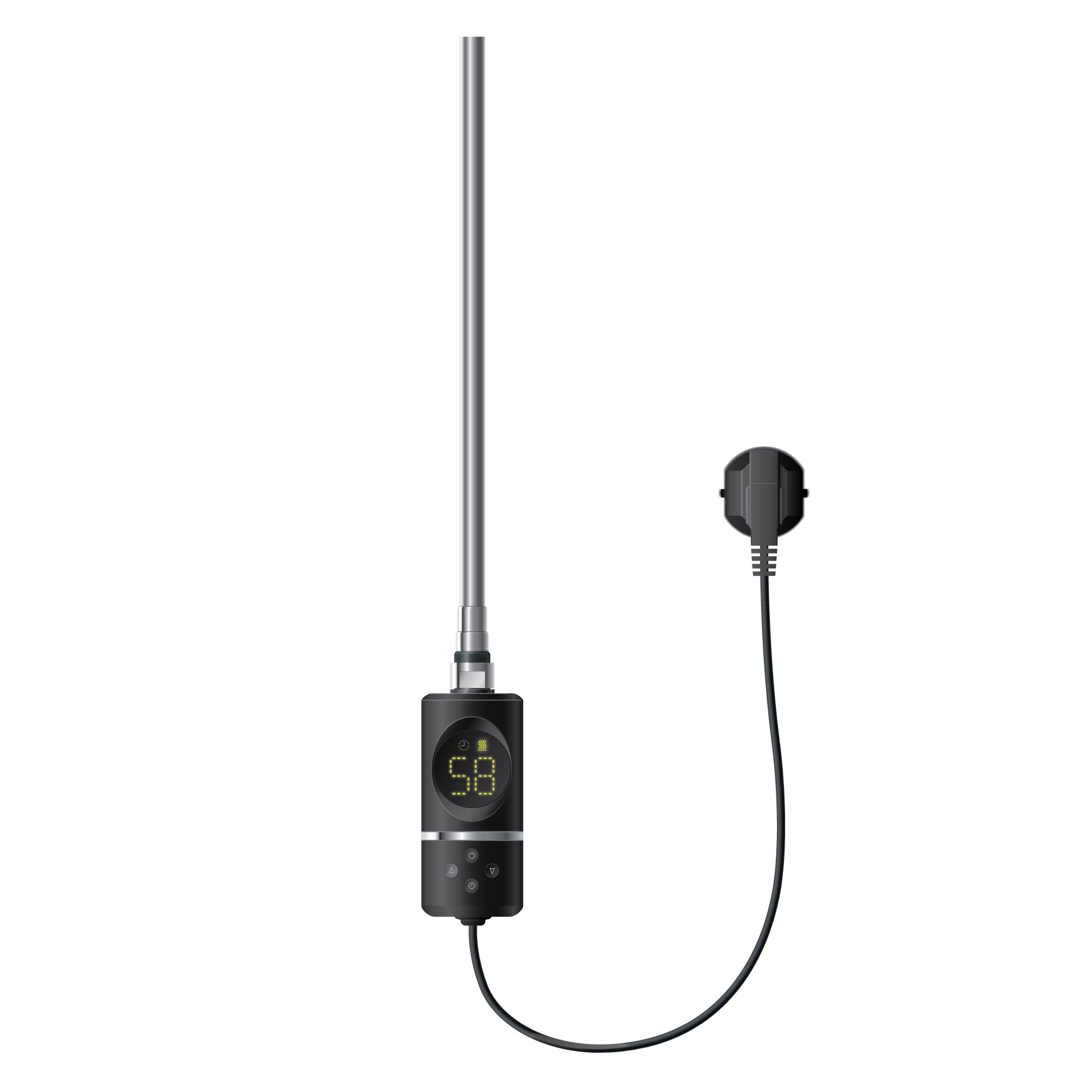 Heizstab mit Kabel und Stecker, auf weißem Hintergrund.